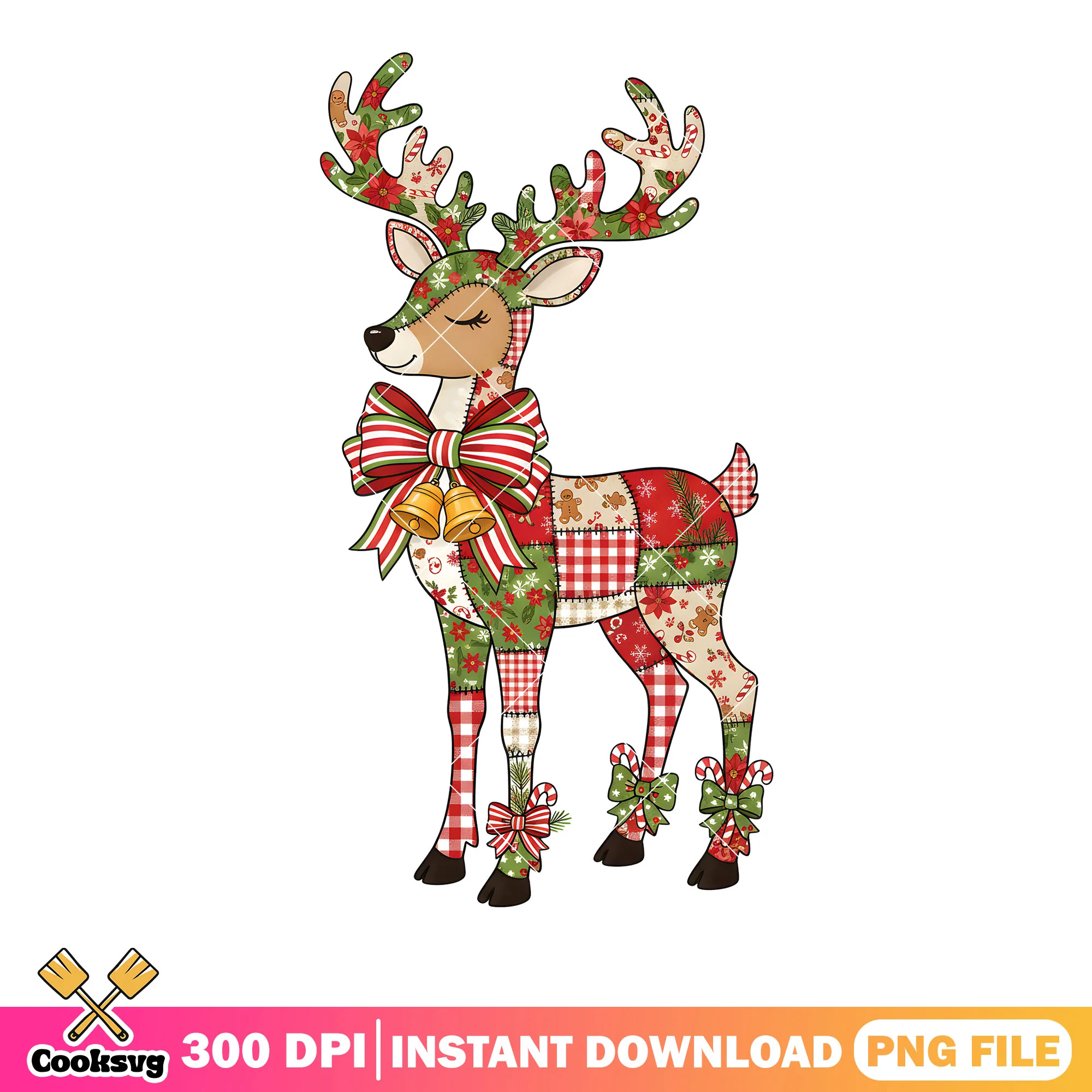Christmas patchwork png, reindeer png, gingerbread png
