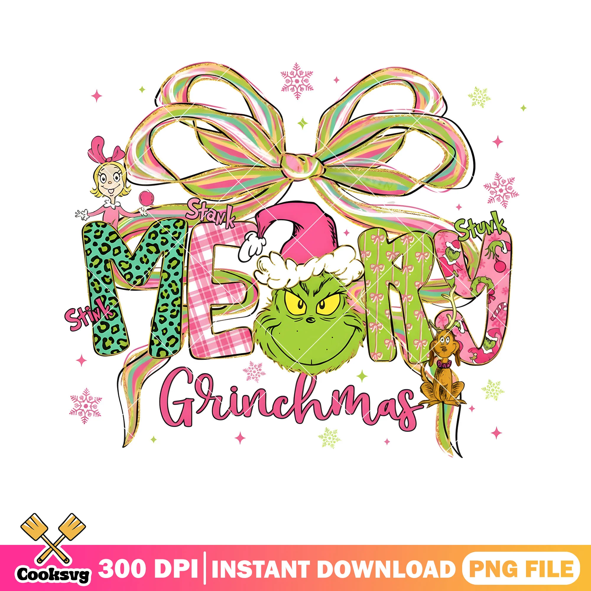 Chrtmas of a green monster png, ribbon bow tie png, snowflake png