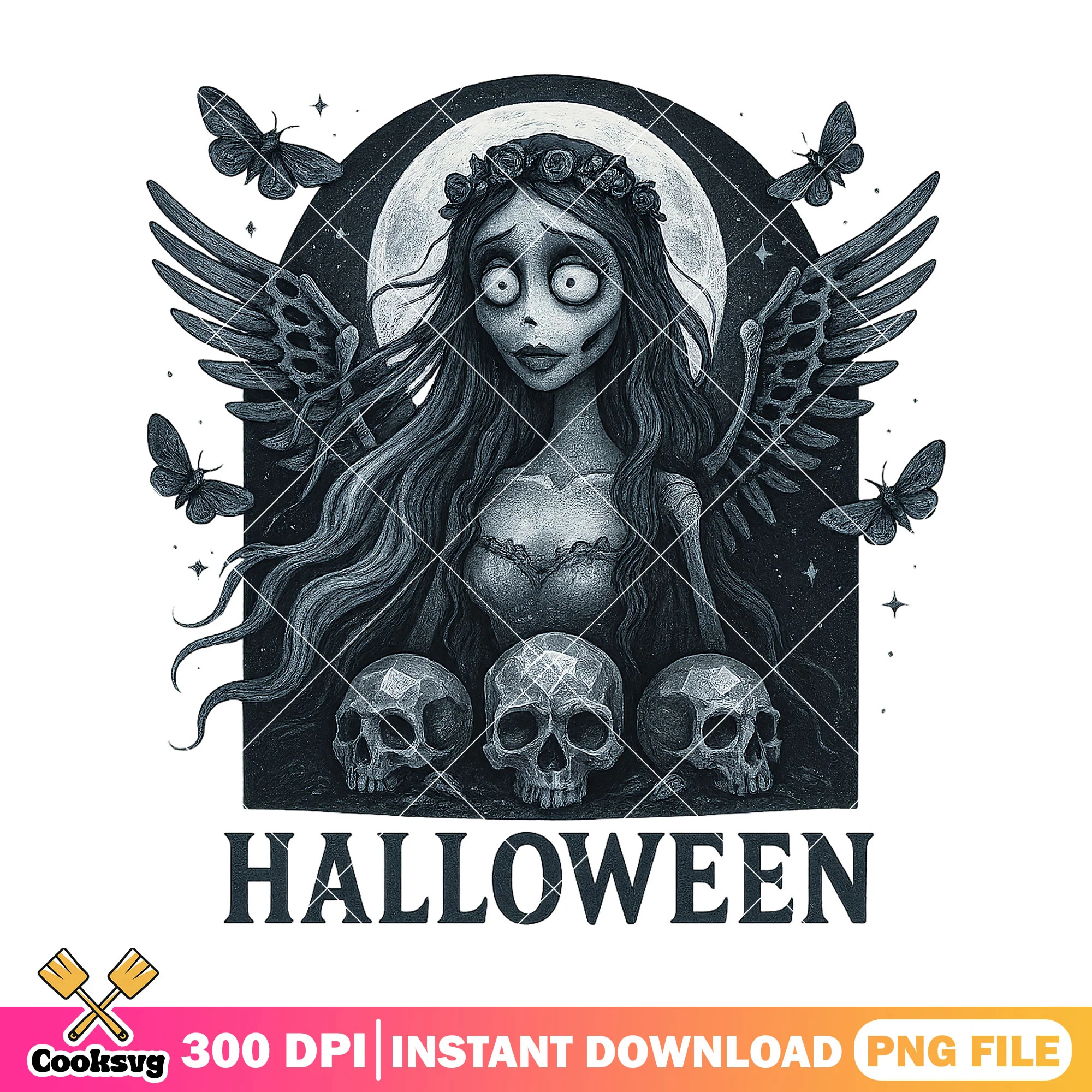 Corpse bride night art png, cartoon halloween png, happy halloween png