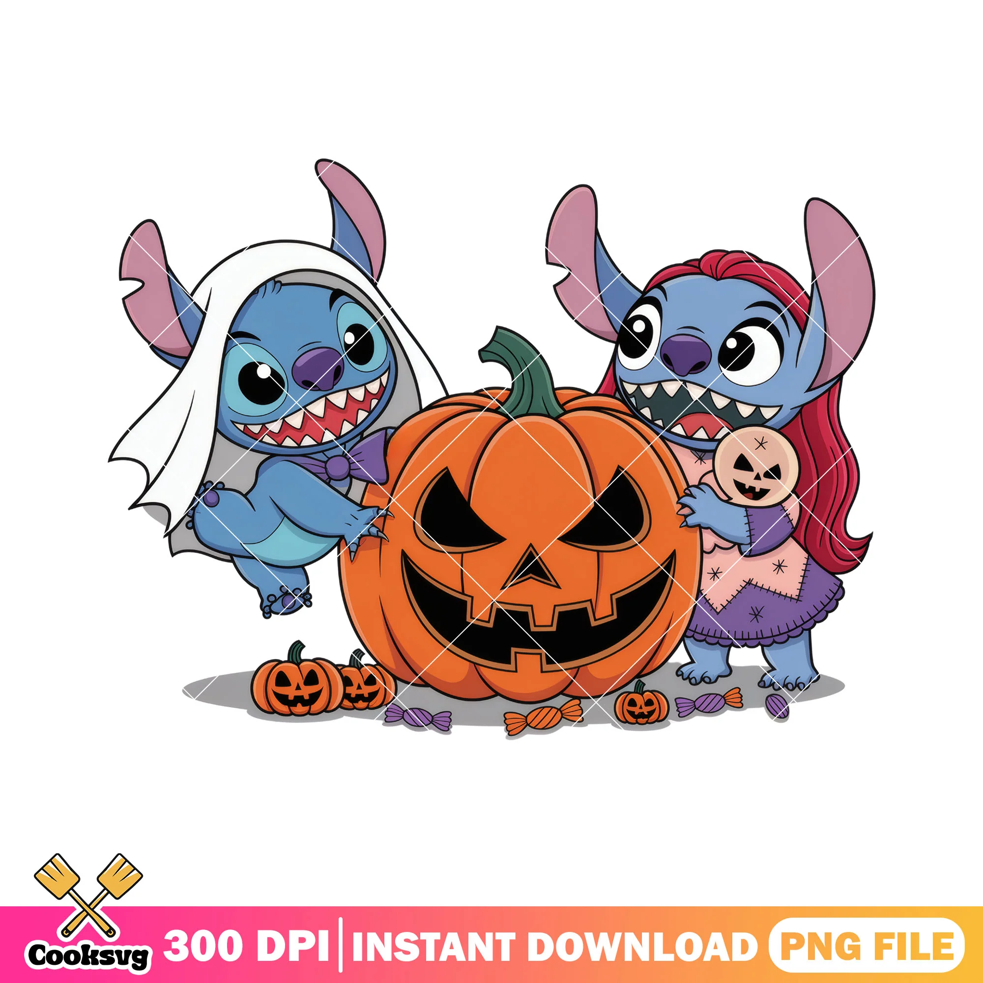 Couple stitch with pumpkin png, halloween art png, disney land png