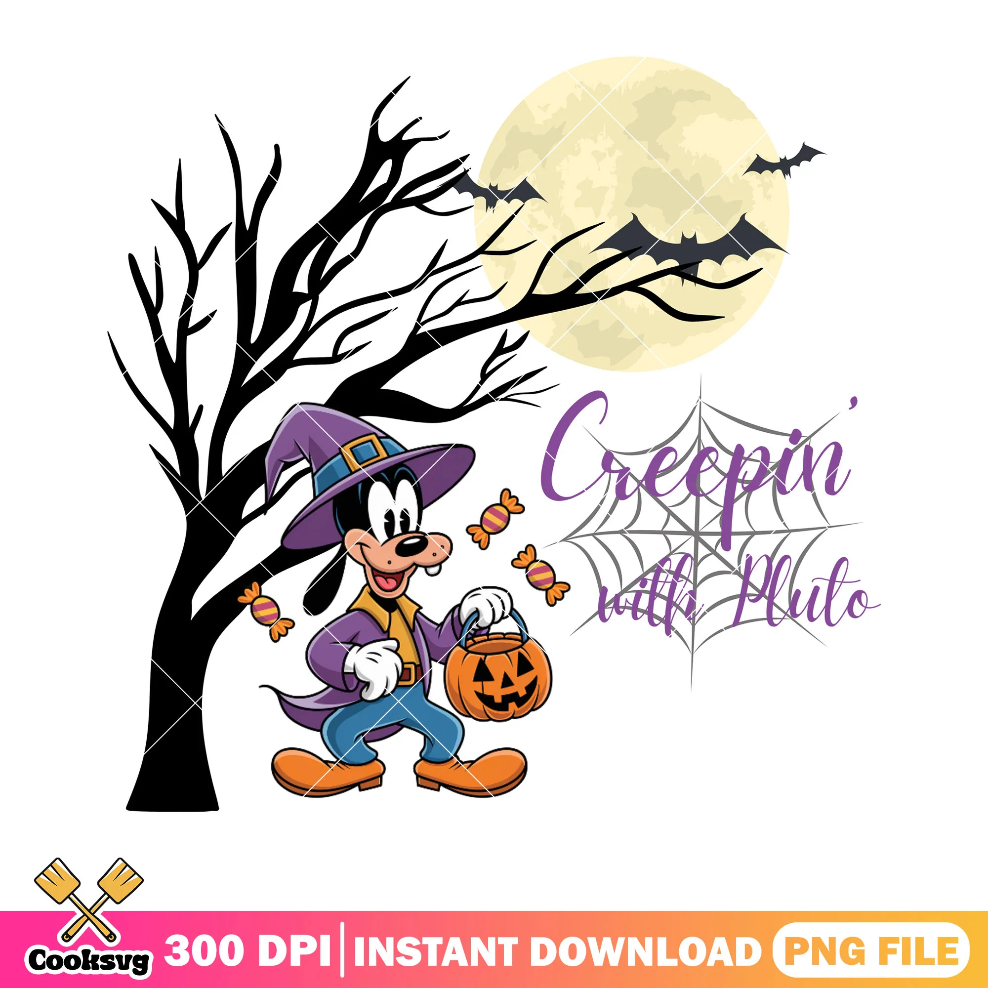 Creepim with pluto png, wicker pumpkin png, scary bats png