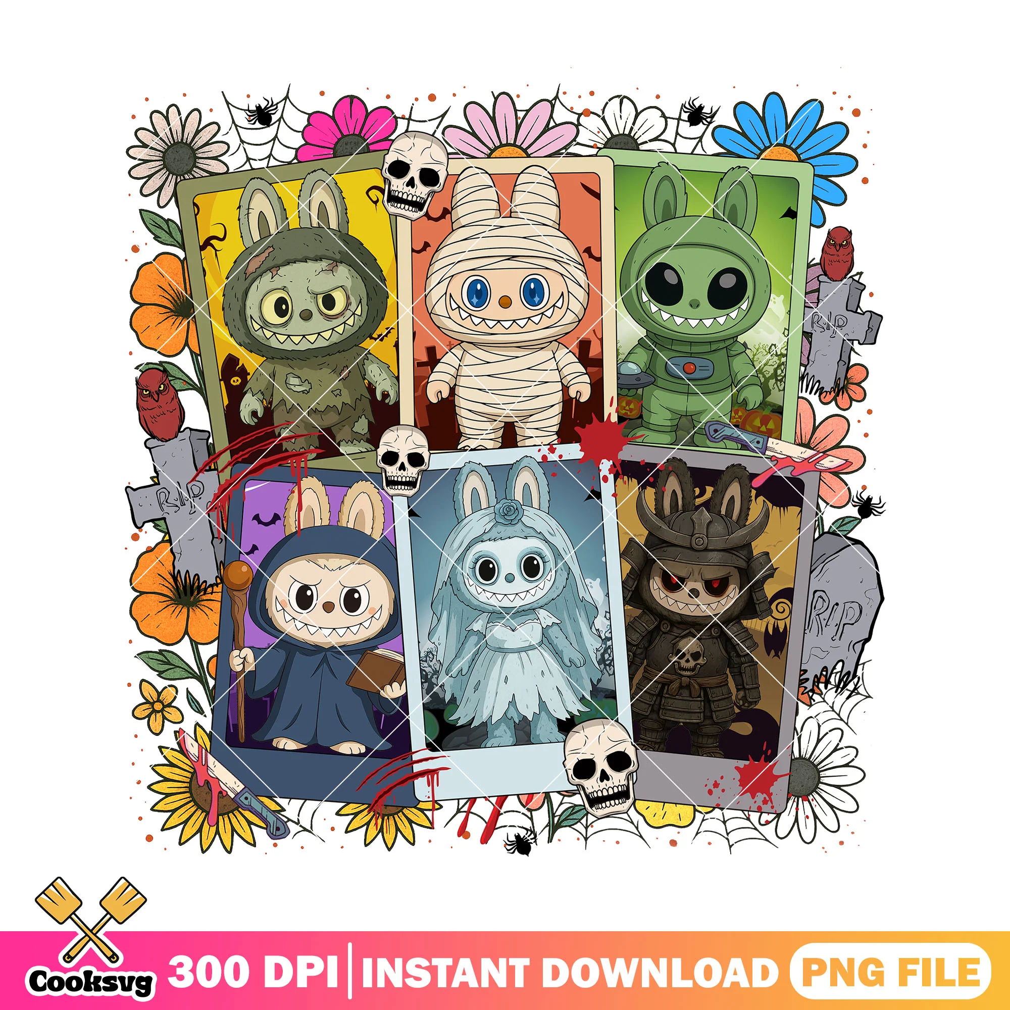 Creepy labubu monsters cards png, labubu dolls png, horror labubu png