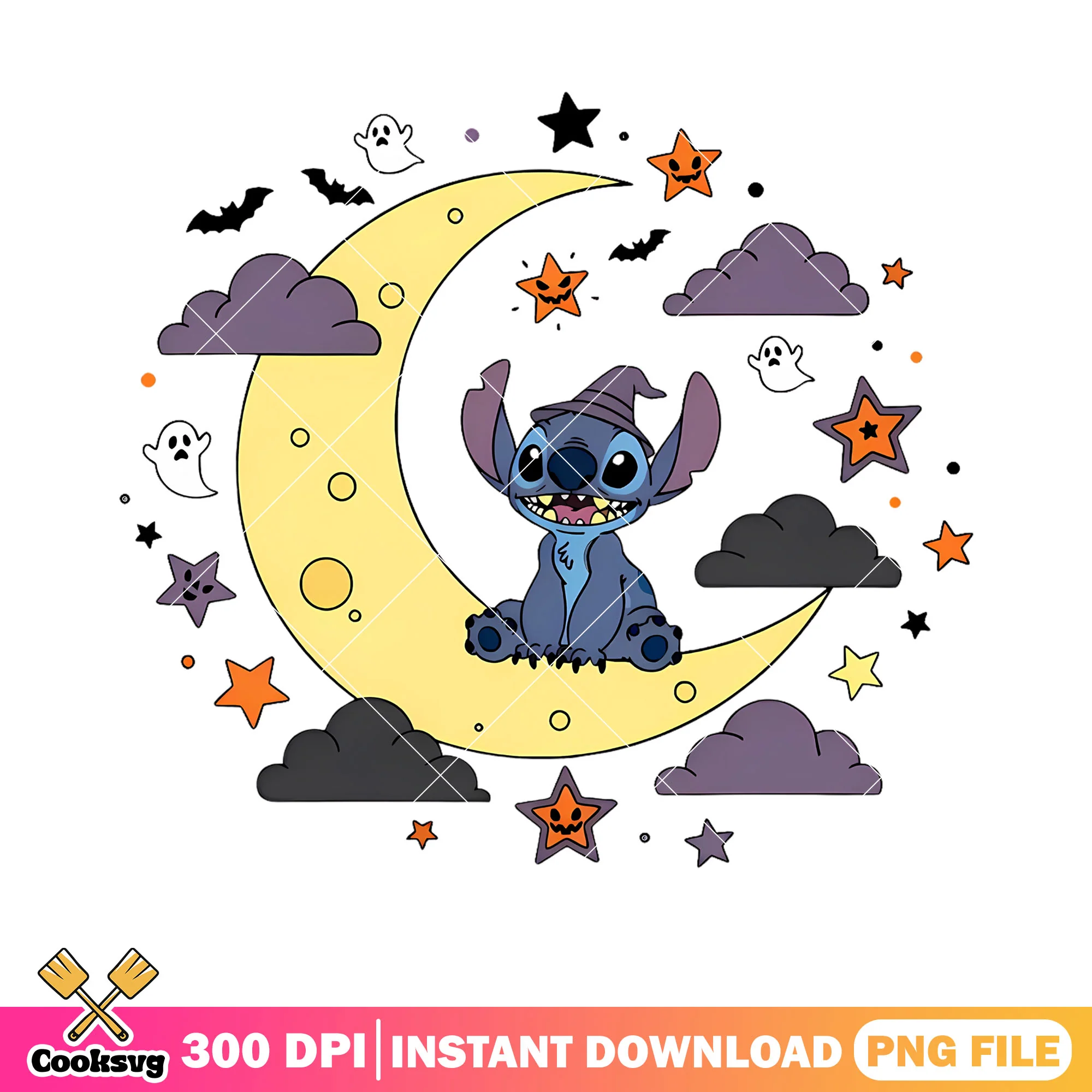 Cresent moon stitch png, Tiny spirit png, happy halloween png