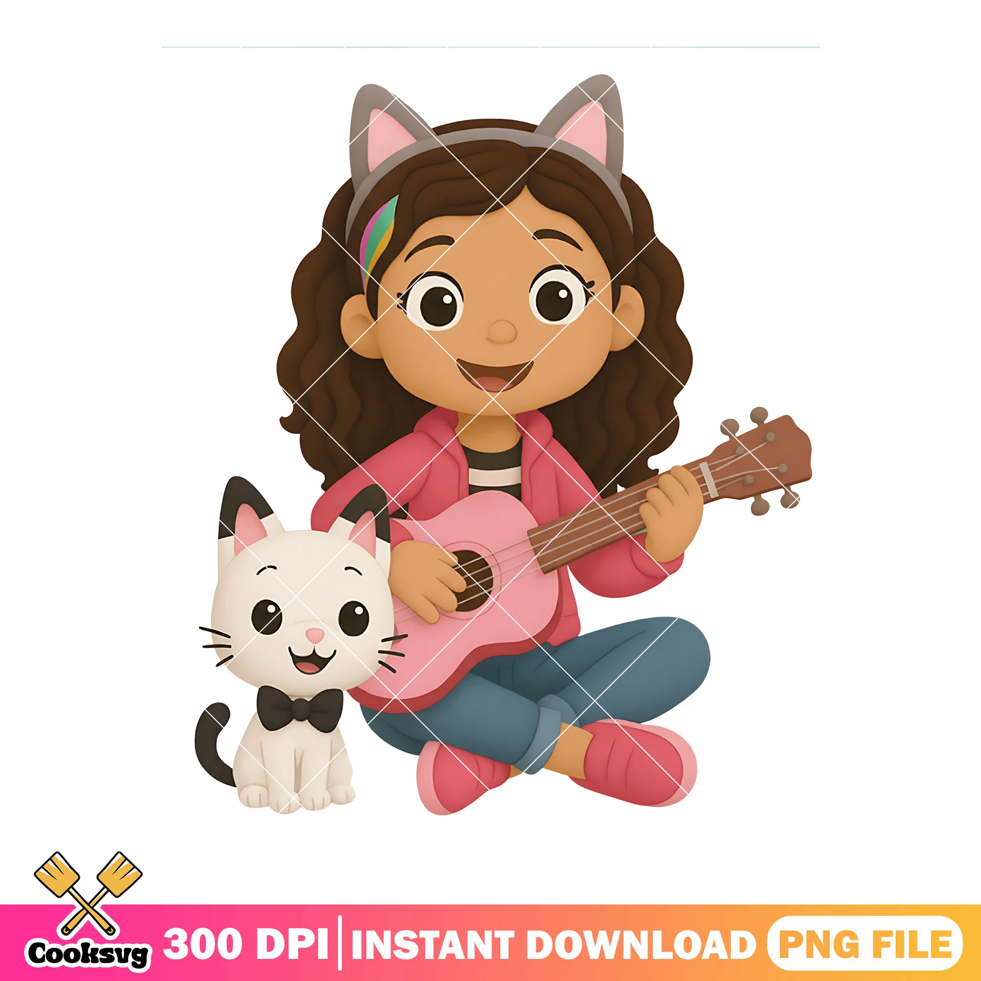 Cute cat and  little gabby png, gabby dollhouse png, pink guitar png