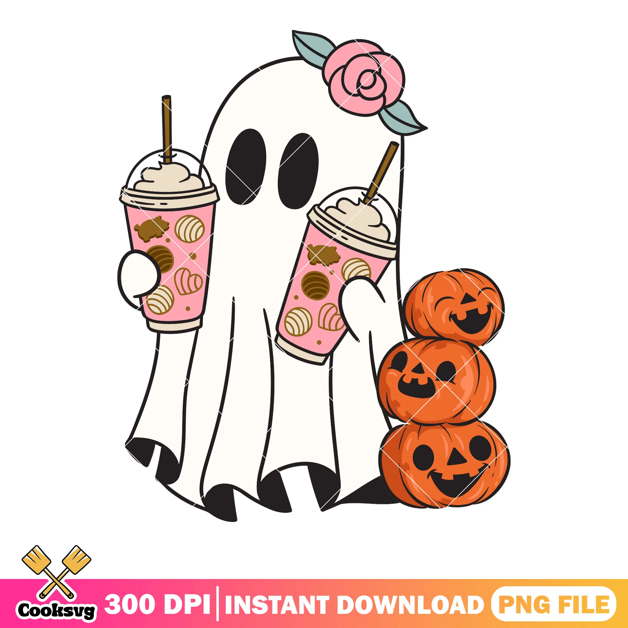 Cute chibi ghost flower png, wicker pumpkin png, halloween scary png