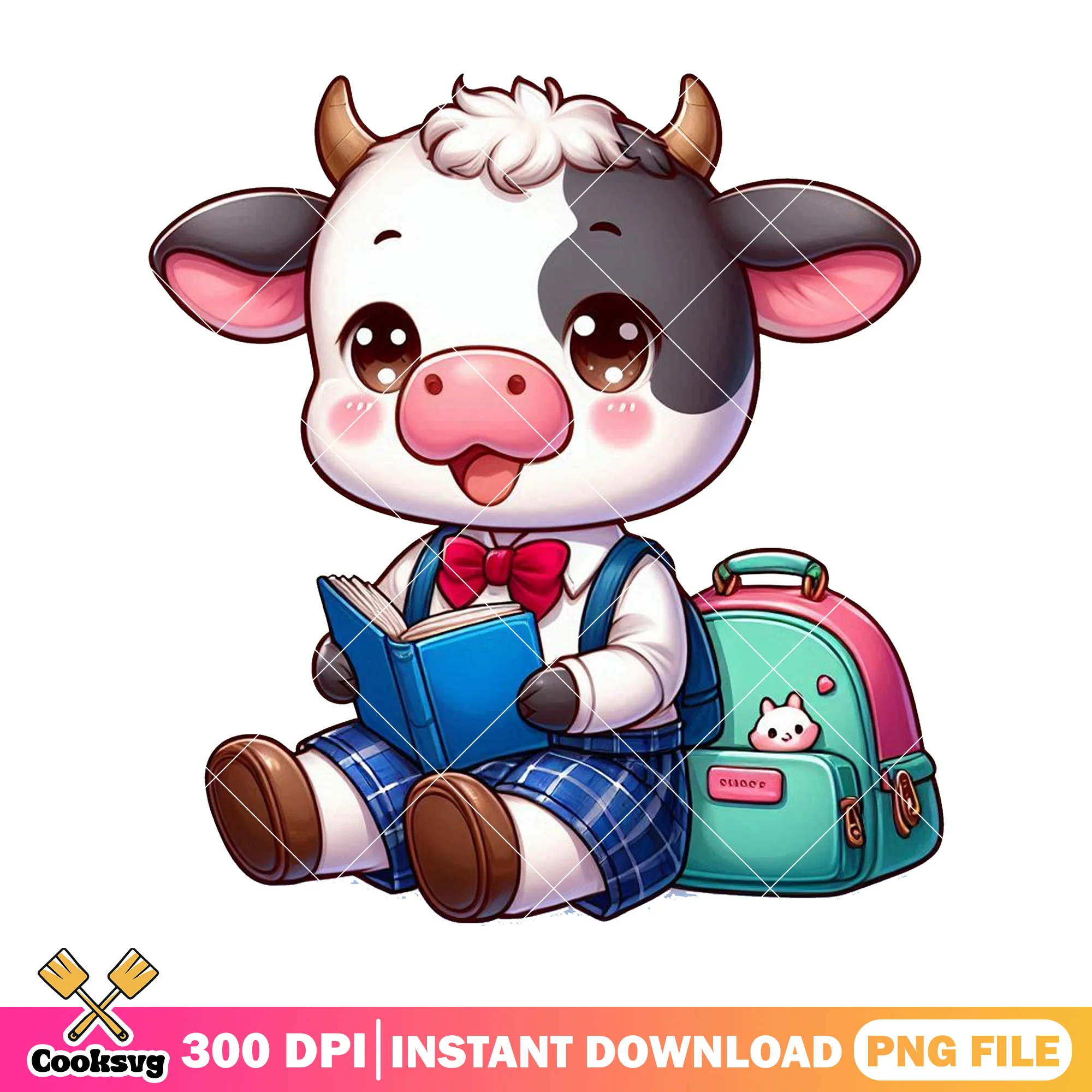 Cute cow chibi design png, cow happy png, back to school clothes png