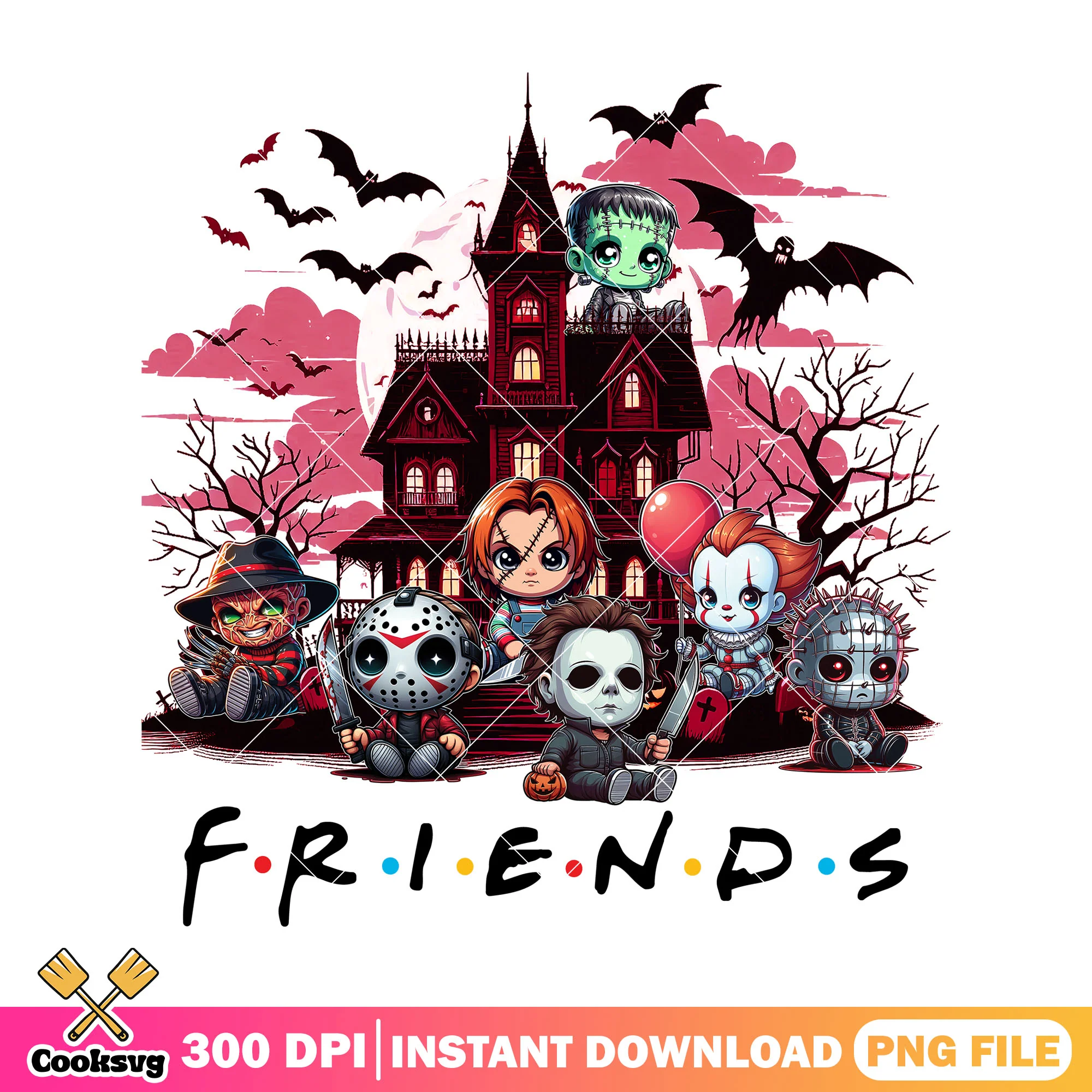 Cute horror chibi design png, this is halloween png, horror friends png