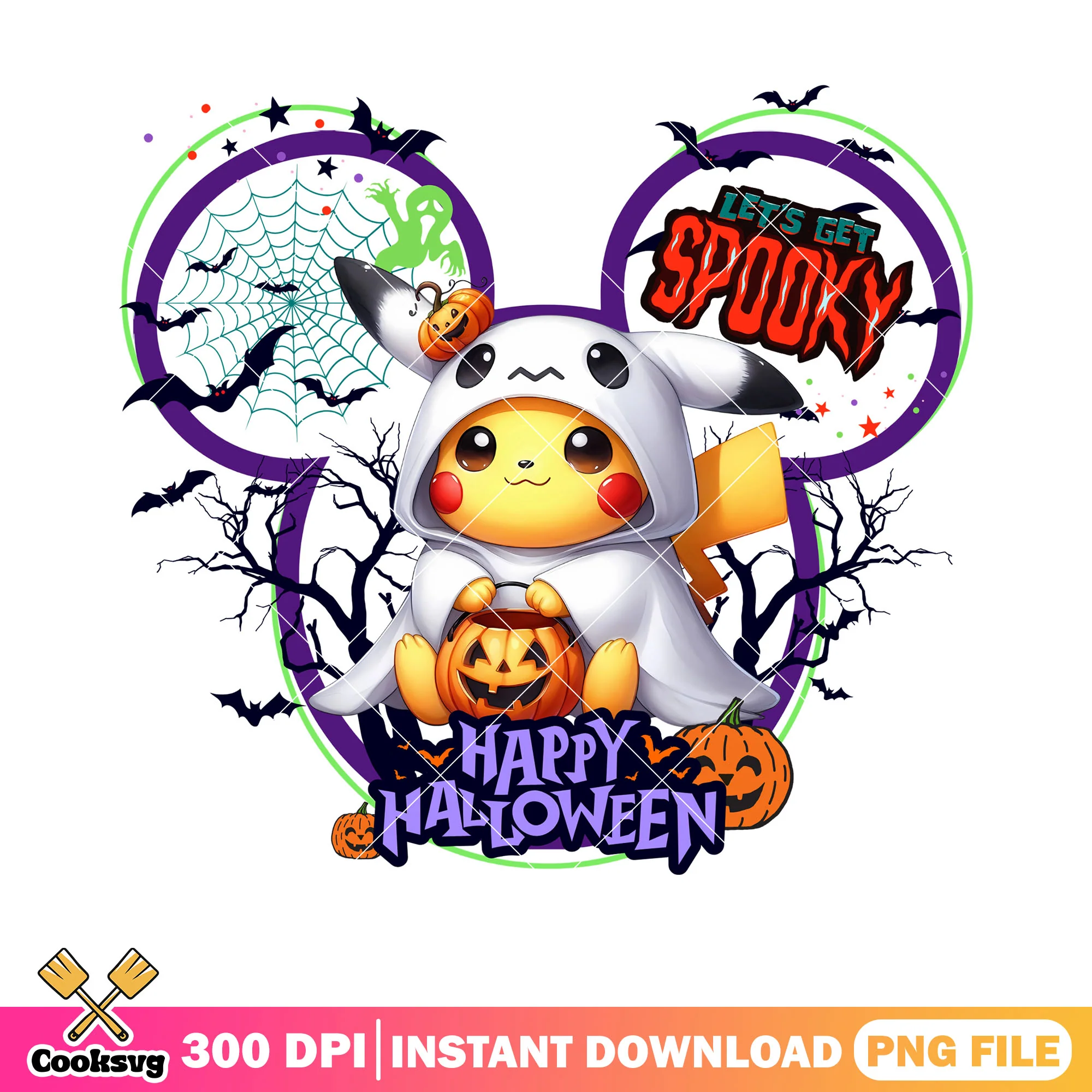 Cute pikachu png, scary halloween png, ghost costume png