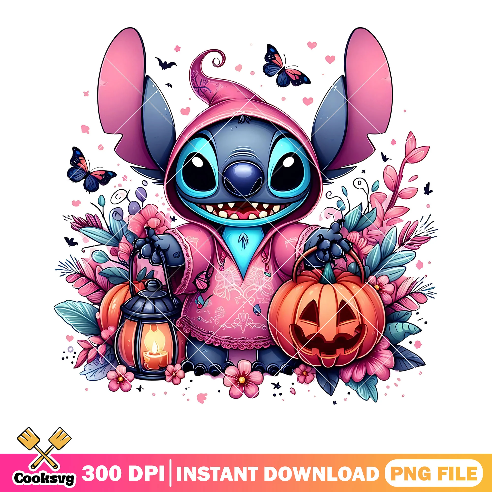 Cute pink hoodie stitch png, disney halloween png, wicker pumpkin png