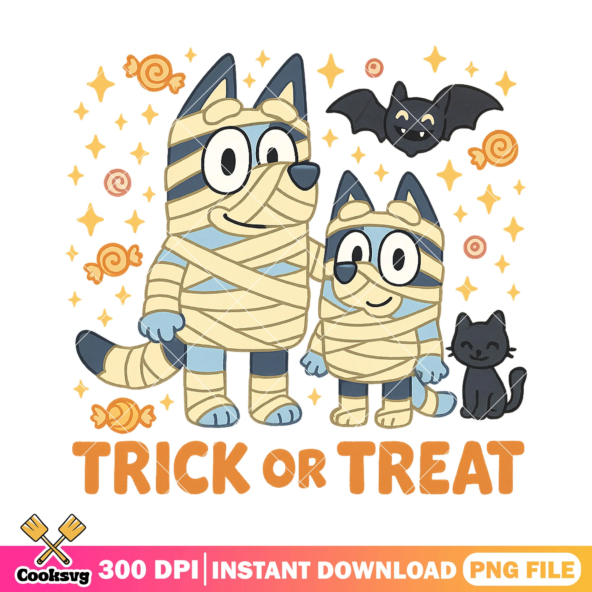 Dad and bluey cosplay mummy on halloween day png, cartoon casts  png