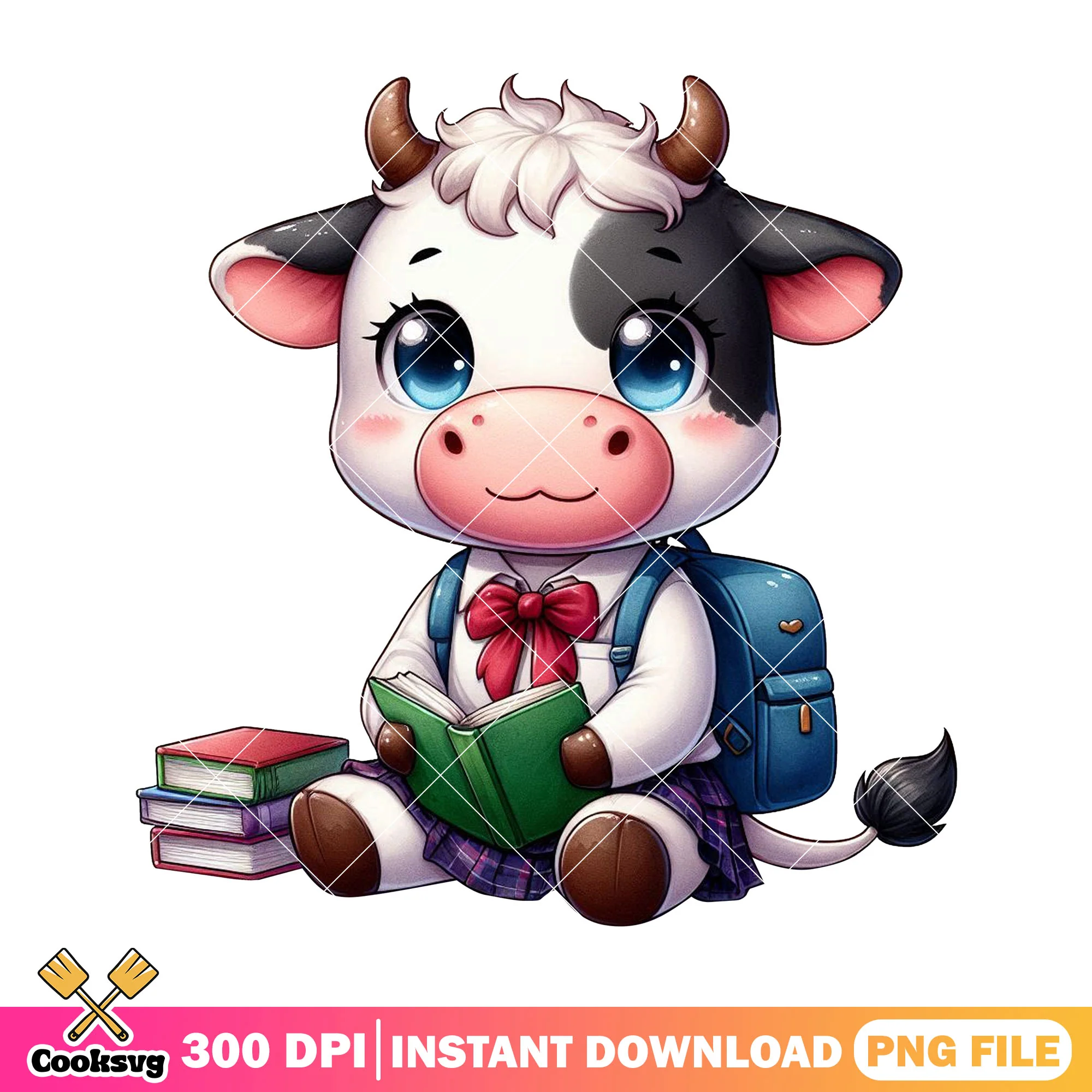 Dairy cow reading png, cow sitting png, back to school idea png