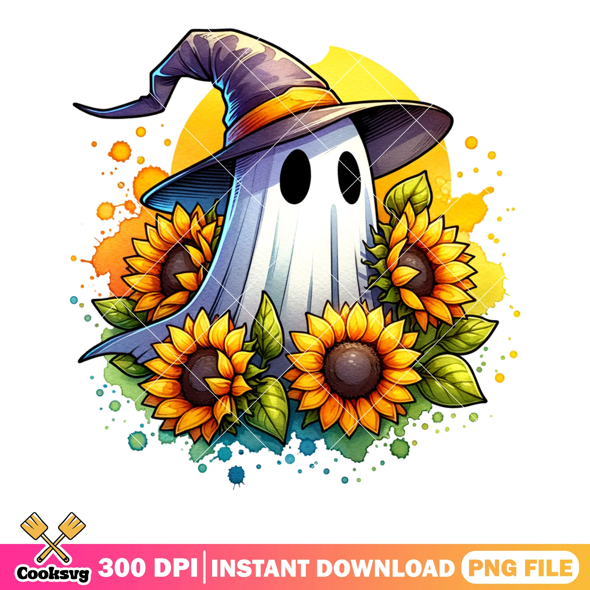 Dark eyes witches ghost png, sunflower png, halloween scary png