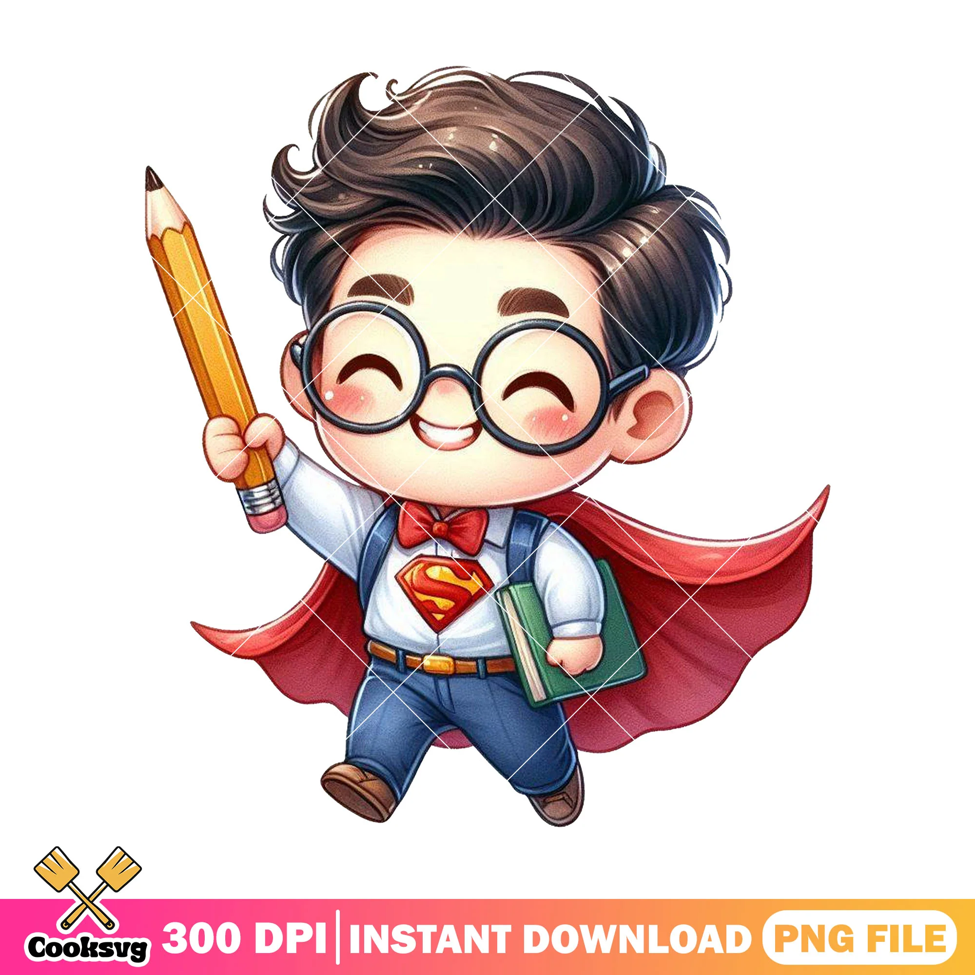Dc superman happy png, cute superman png, back to school day png