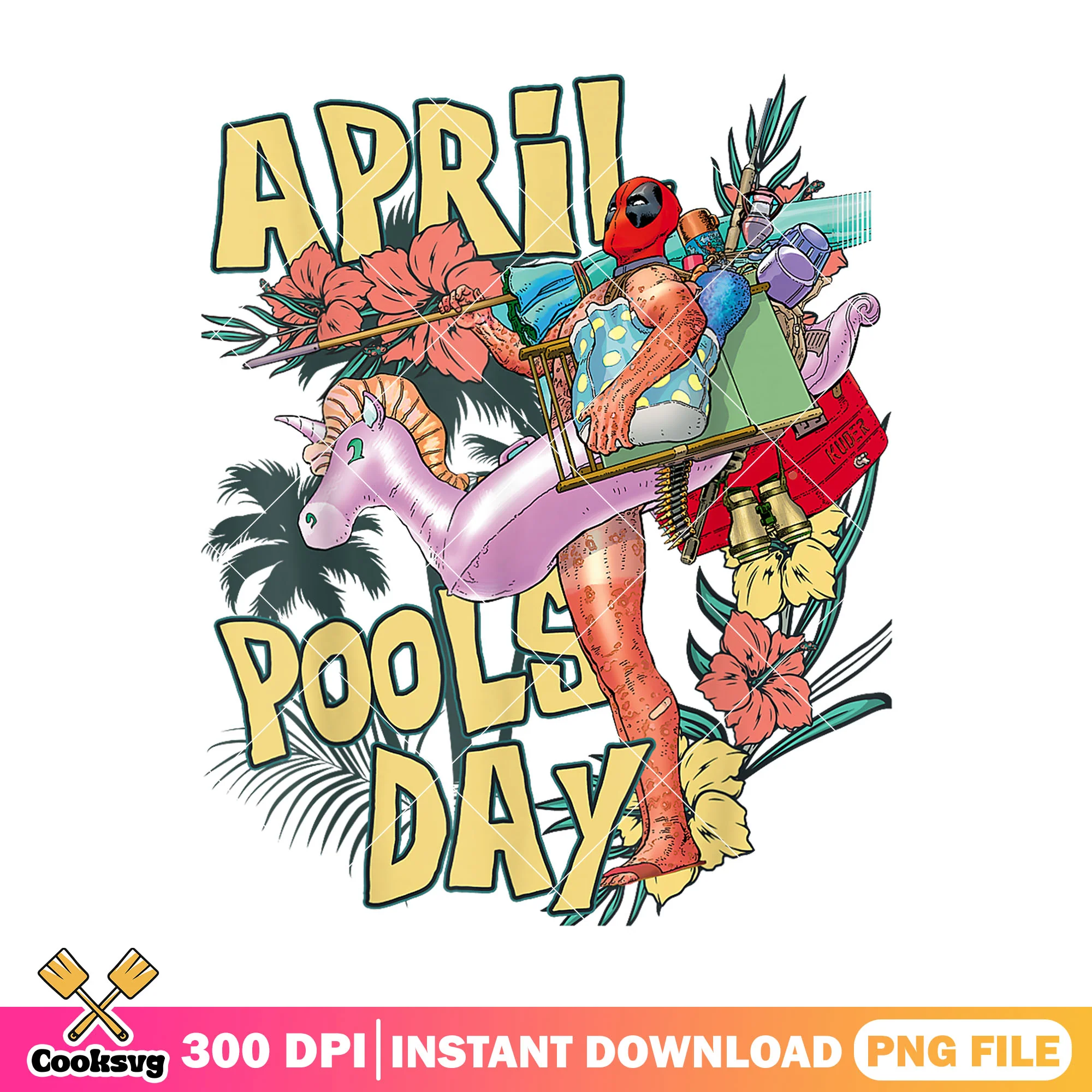 Deadpool april pools day png, summer day png, deadpool summer png