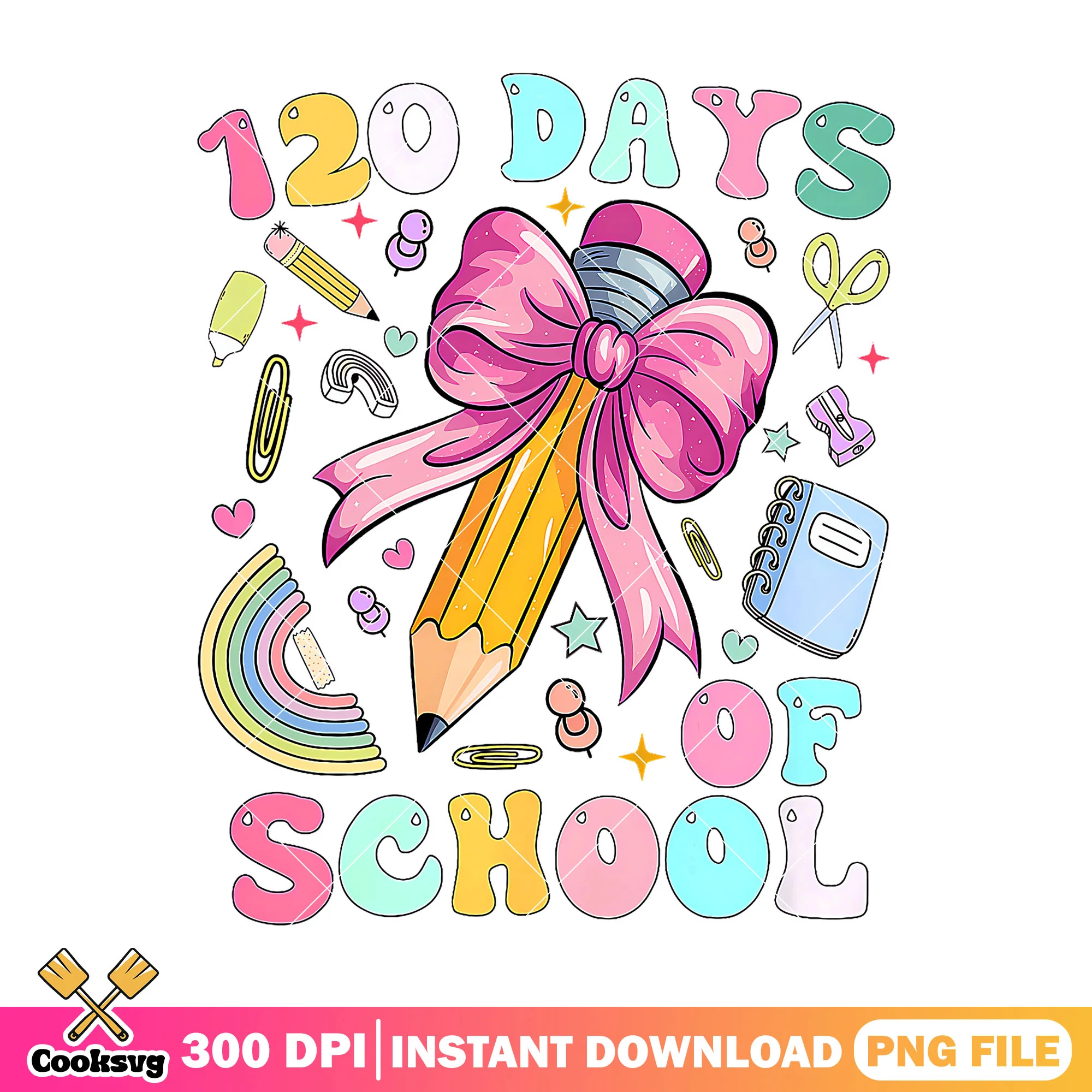 Design 120 days of school png, back to school day png, pink bow png