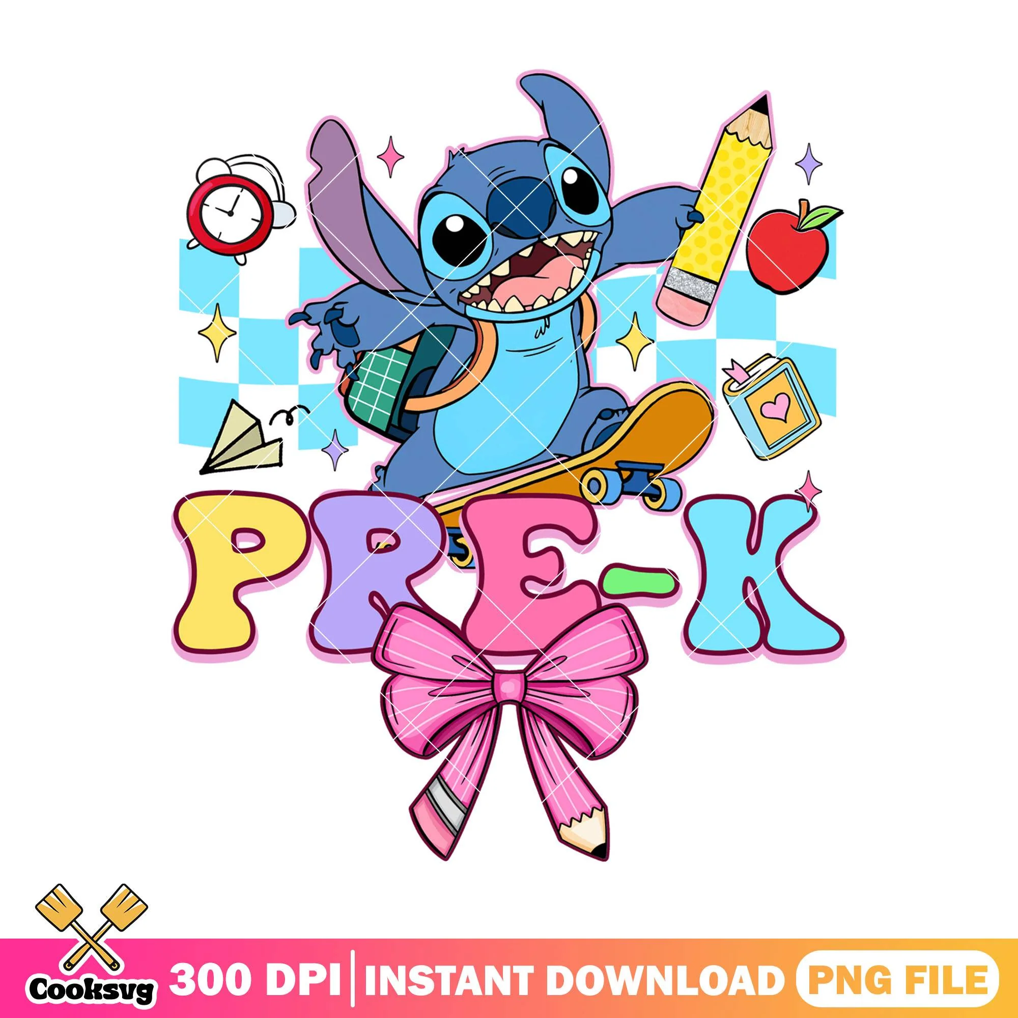 Design pre-k with stitch png, going back to school png, stitch art png