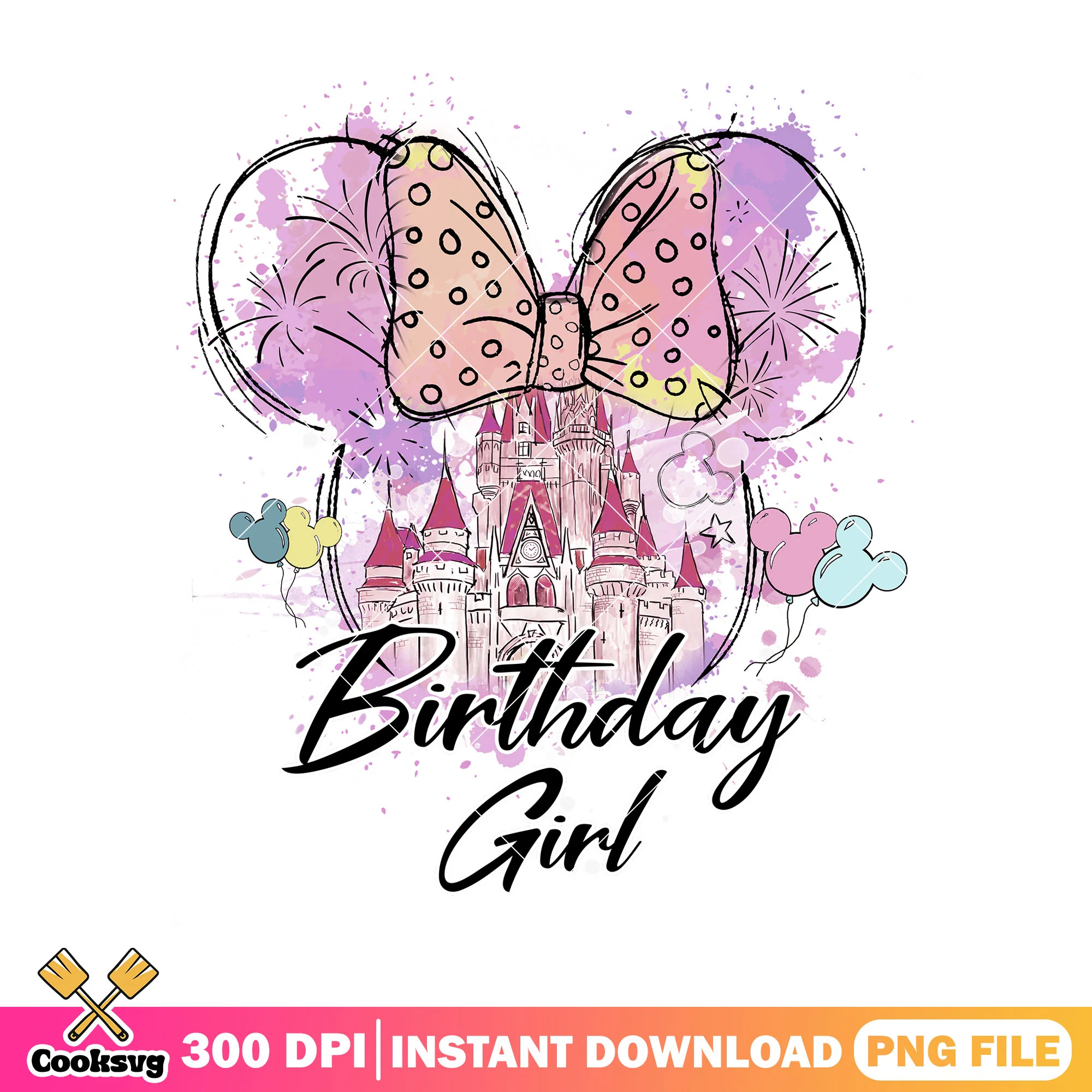 Disney castle birthday girl png, disney castle png, birthday cards png