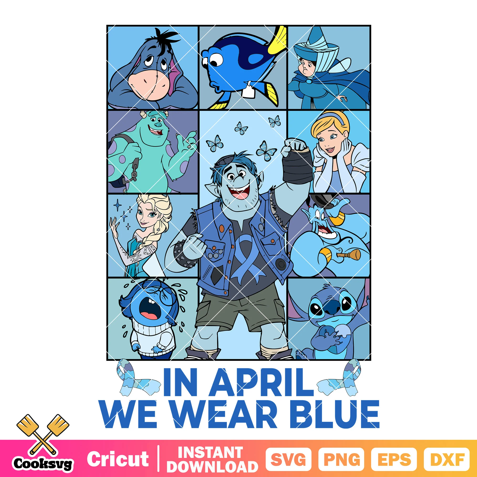 Disney in april we wear blue png, blue disney character png