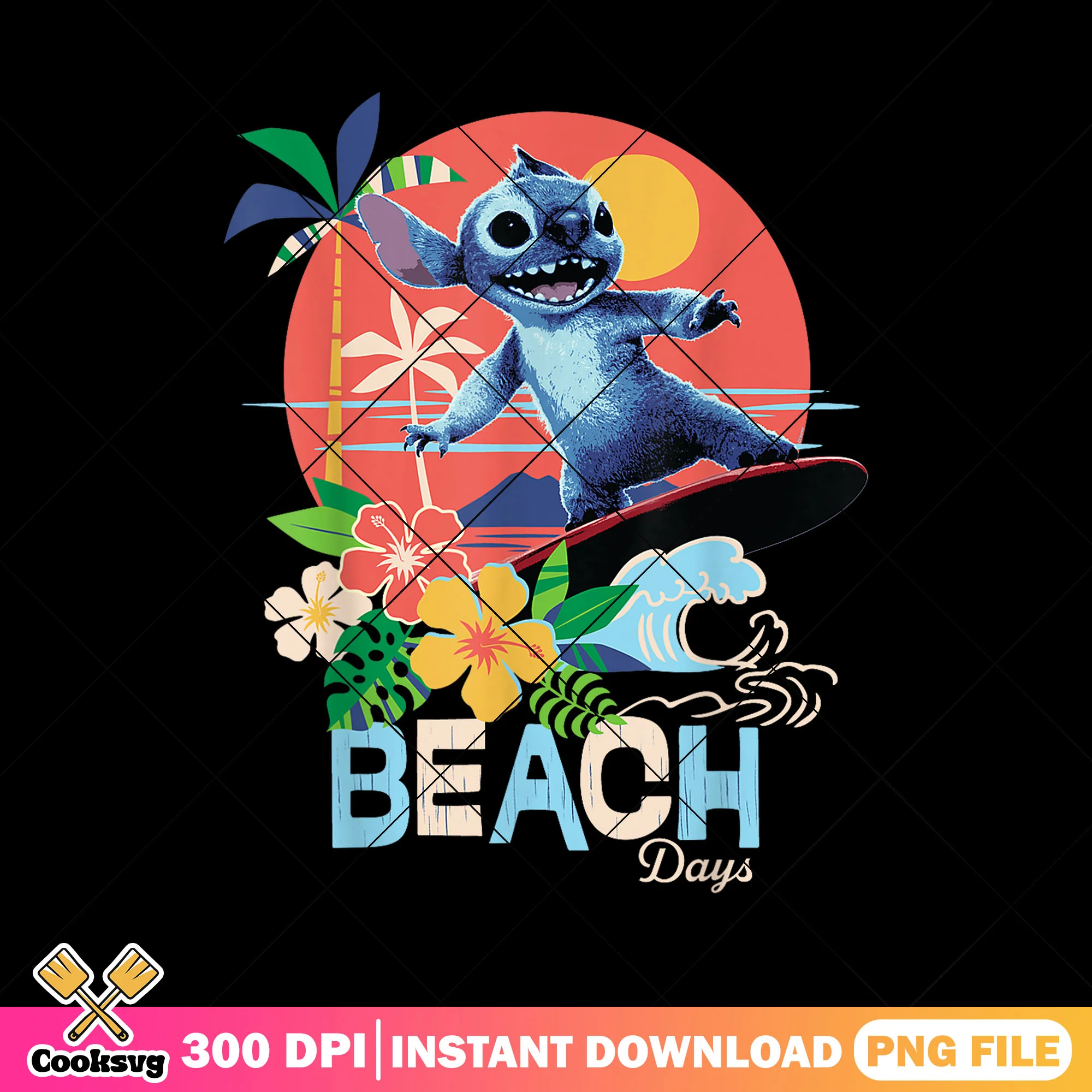 Disney stitch beach day png, stitch beach png, stitch surfing png
