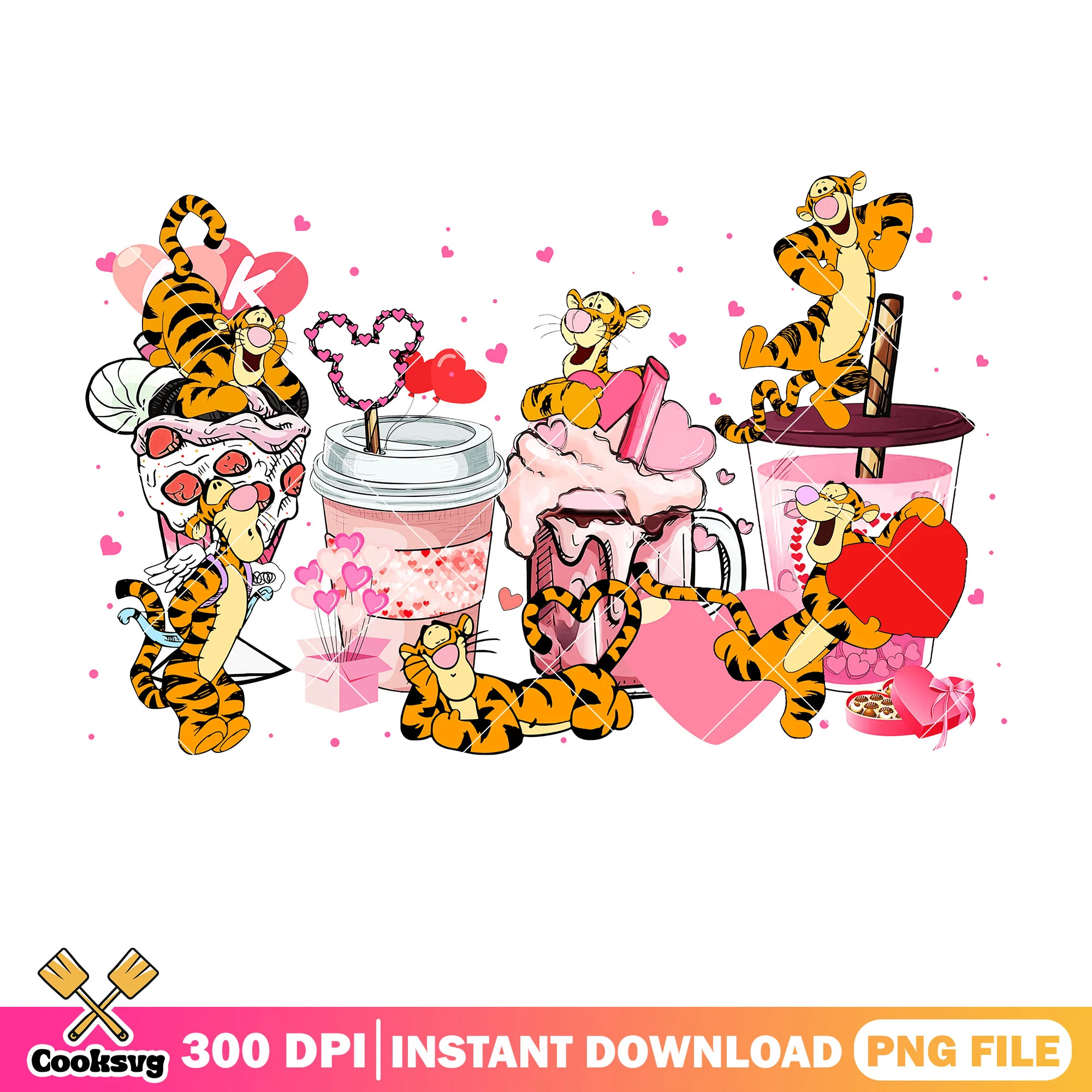 Disney tigger pink coffee valentine png, pooh valentine png