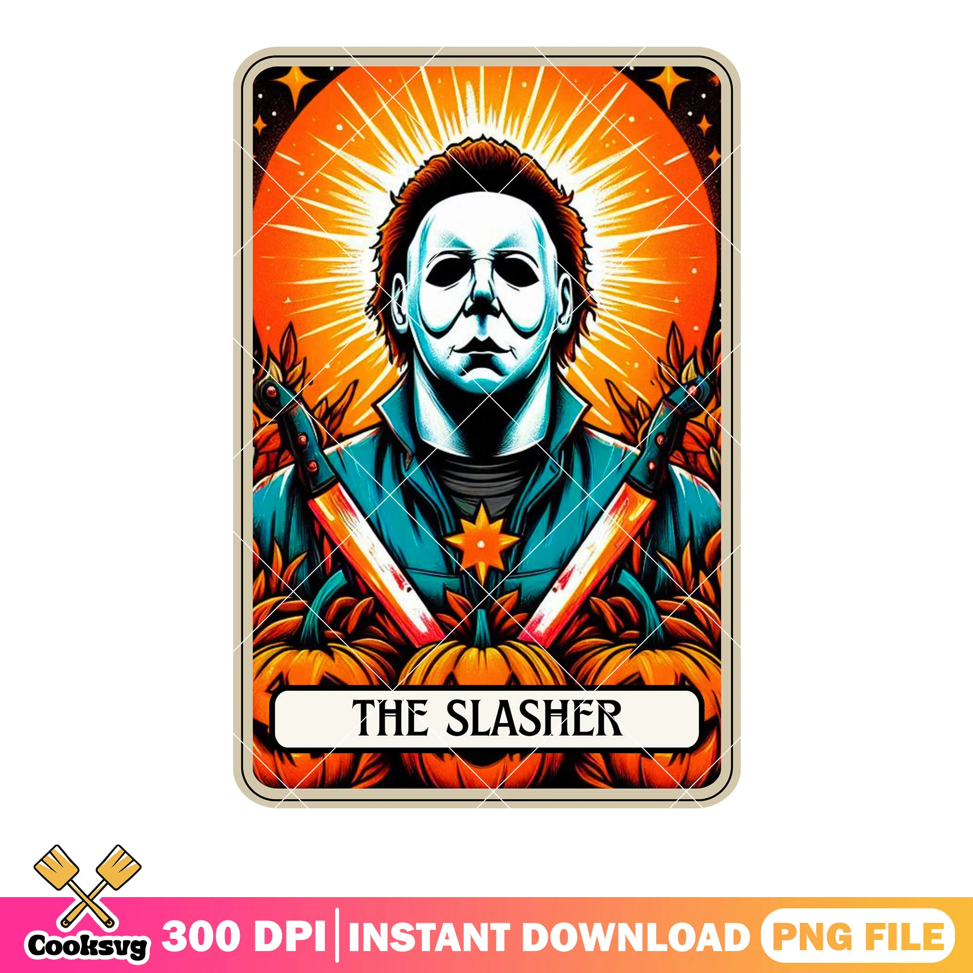 Double knife in the pumpkin png, horror card png, orange aura png