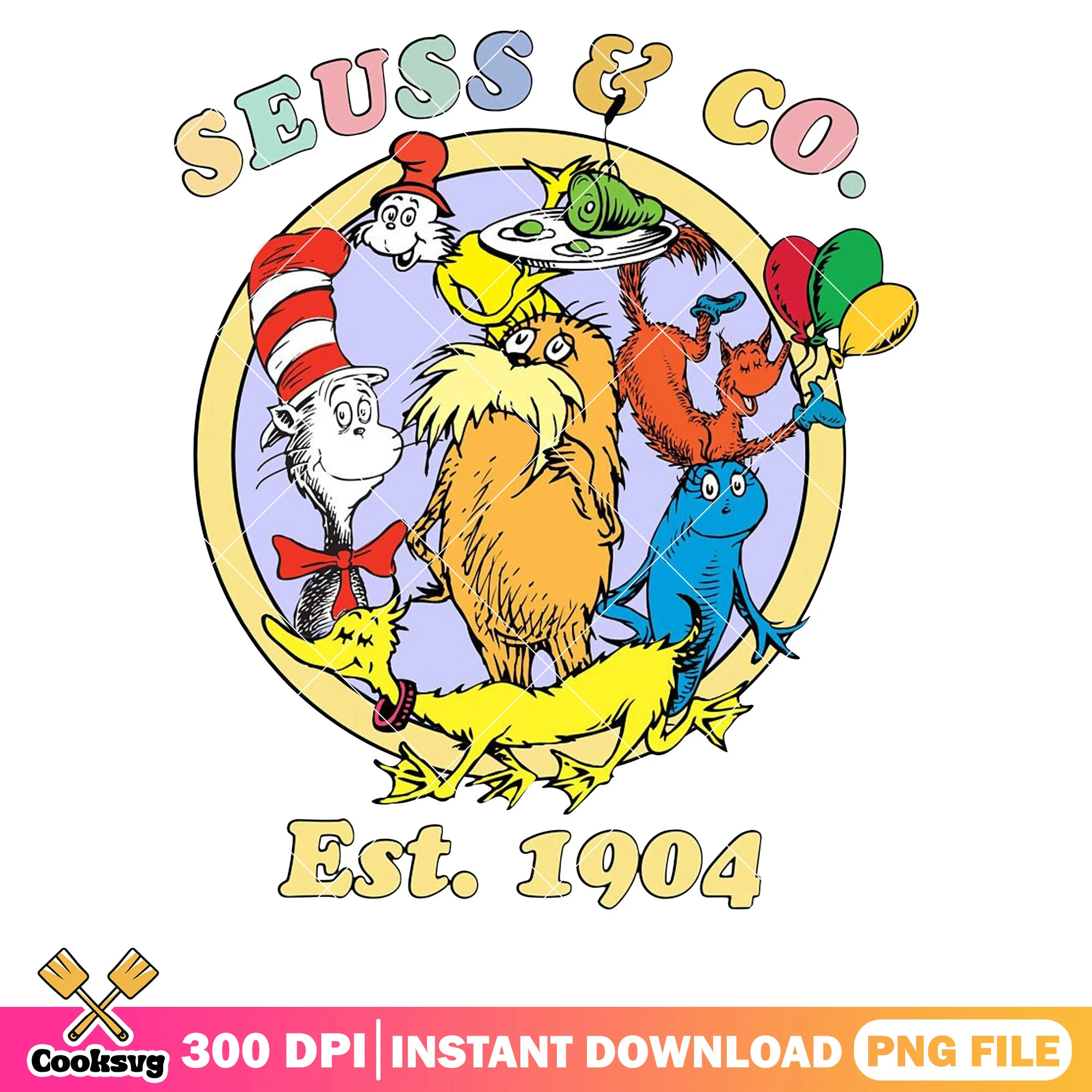 Dr seuss and co est 1904 design png, dr seuss co png, dr seuss friends png
