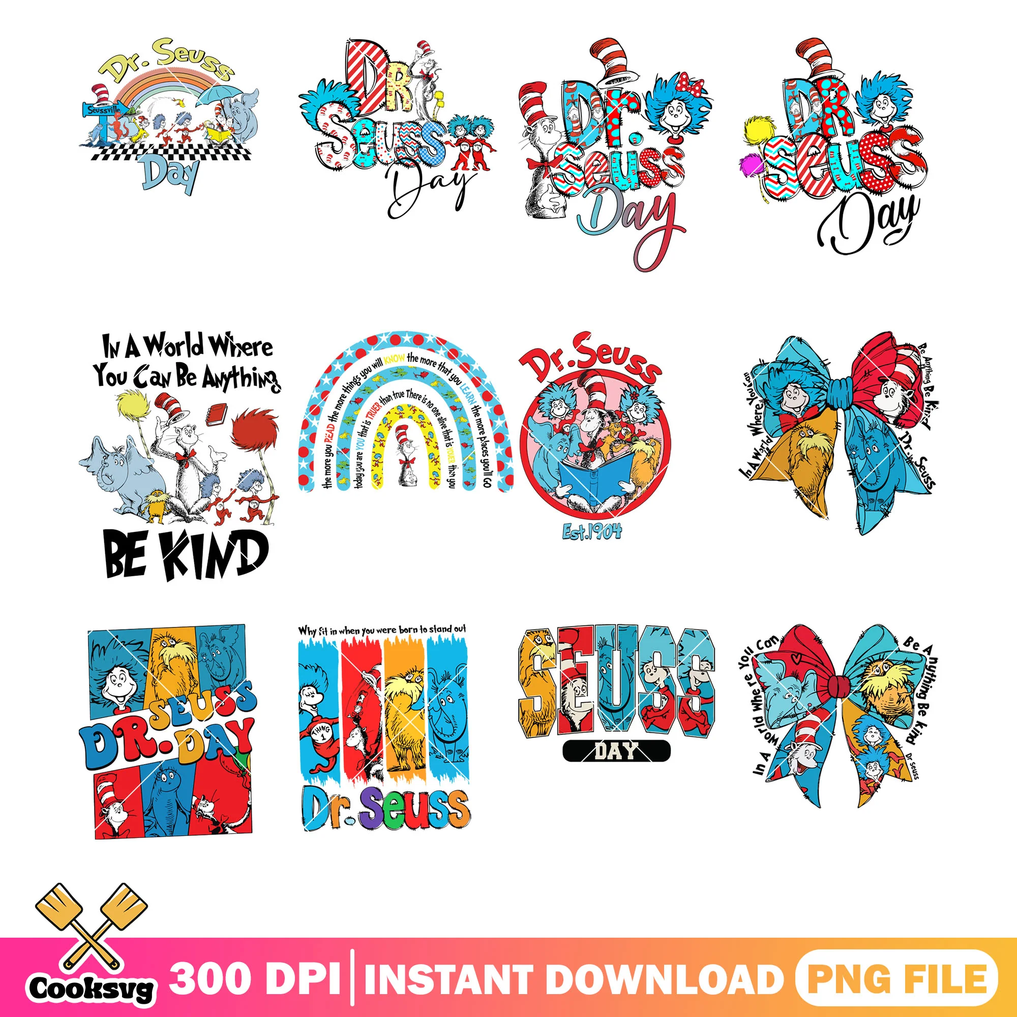 Dr seuss and friends day png bundle, dr seuss day png, love dr seuss png