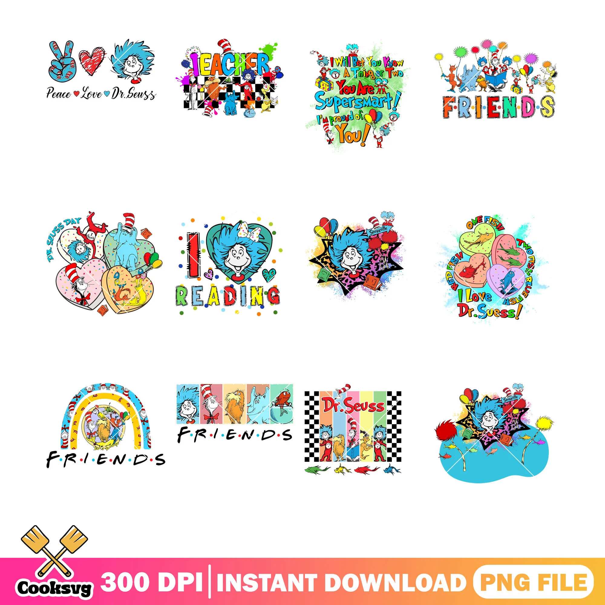 Dr seuss and friends text png bundle, dr seuss friends png