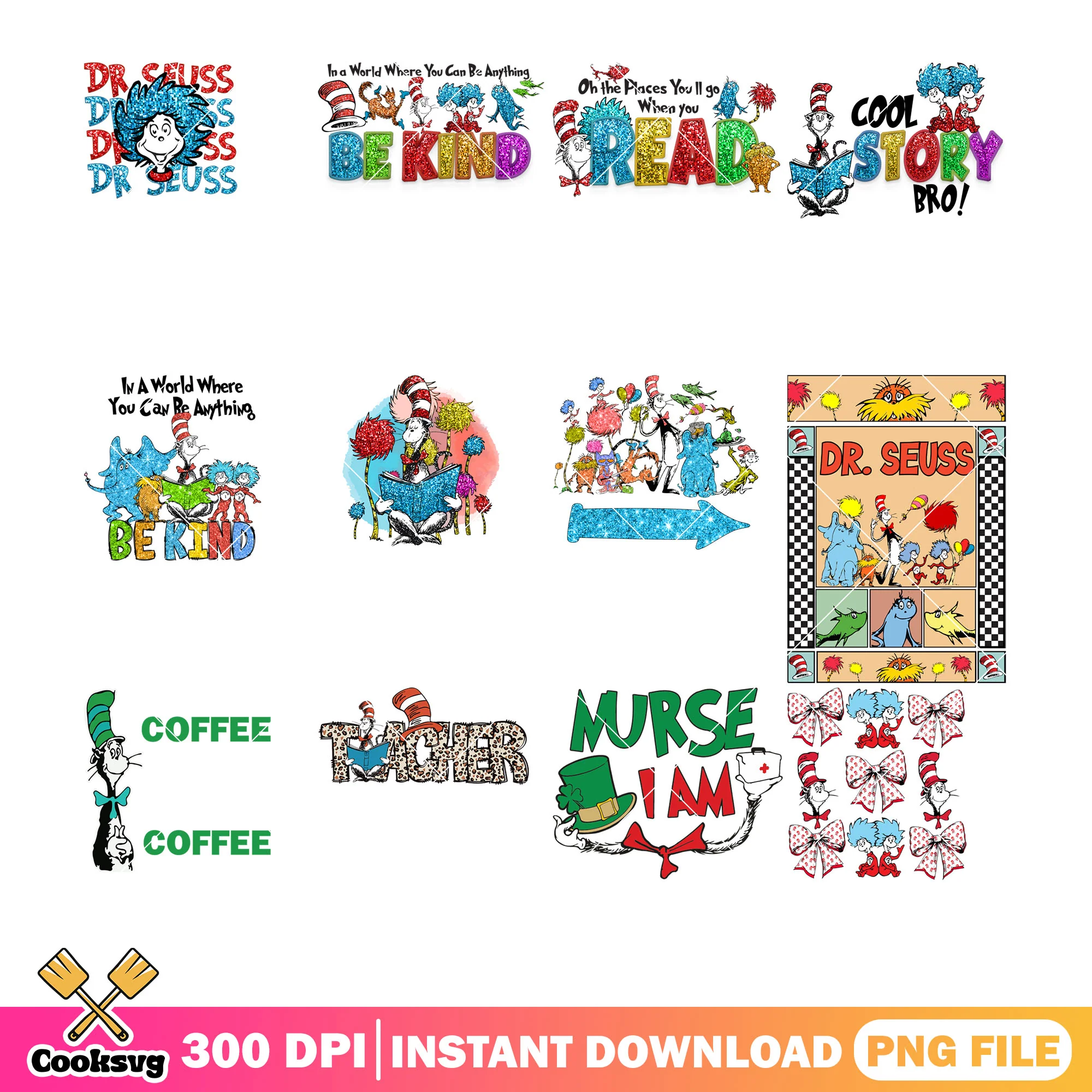 Dr seuss be kind png bundle, dr seuss friends png, dr seuss cartoon png