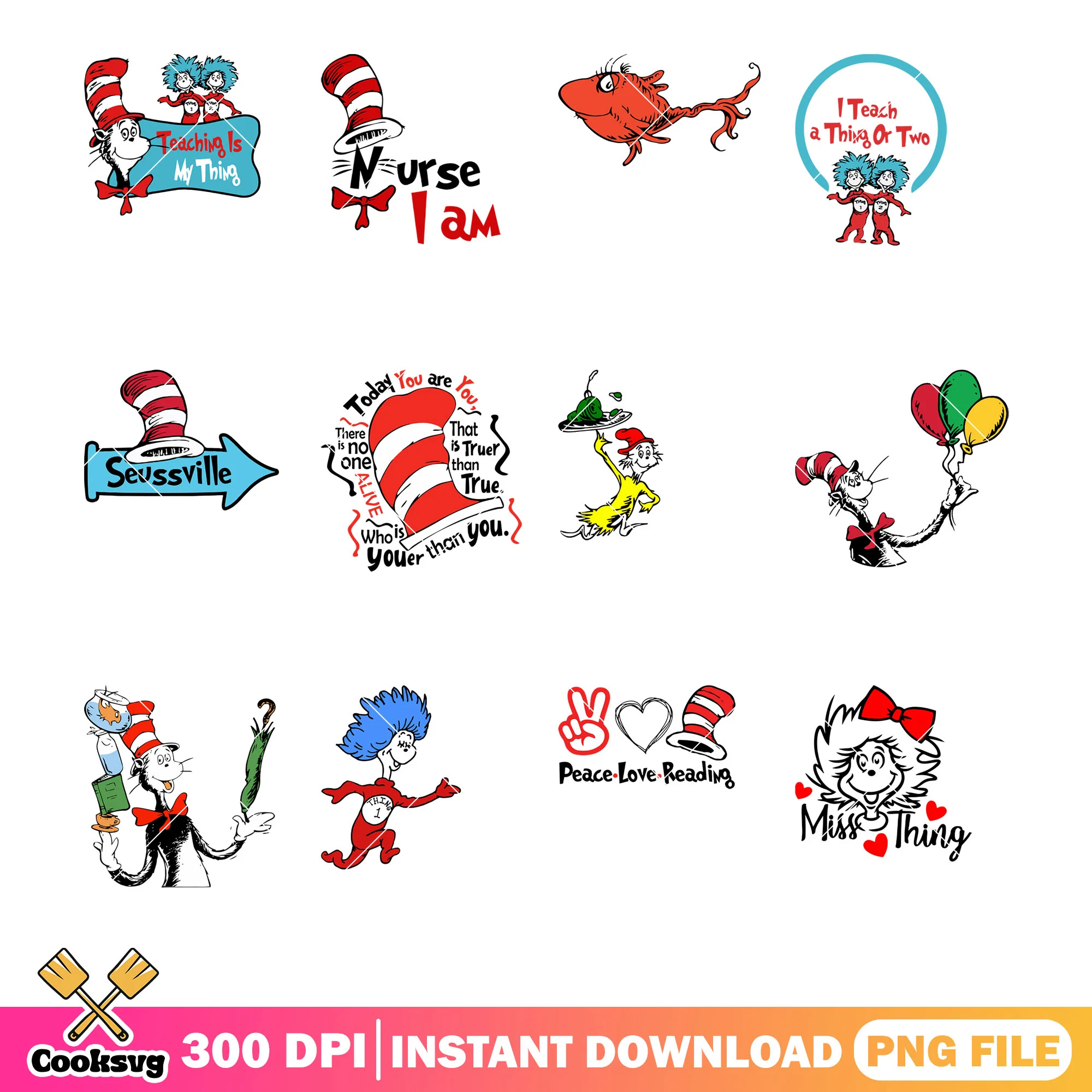 Dr seuss cartoon bundle png, dr seuss friends png, dr seuss png
