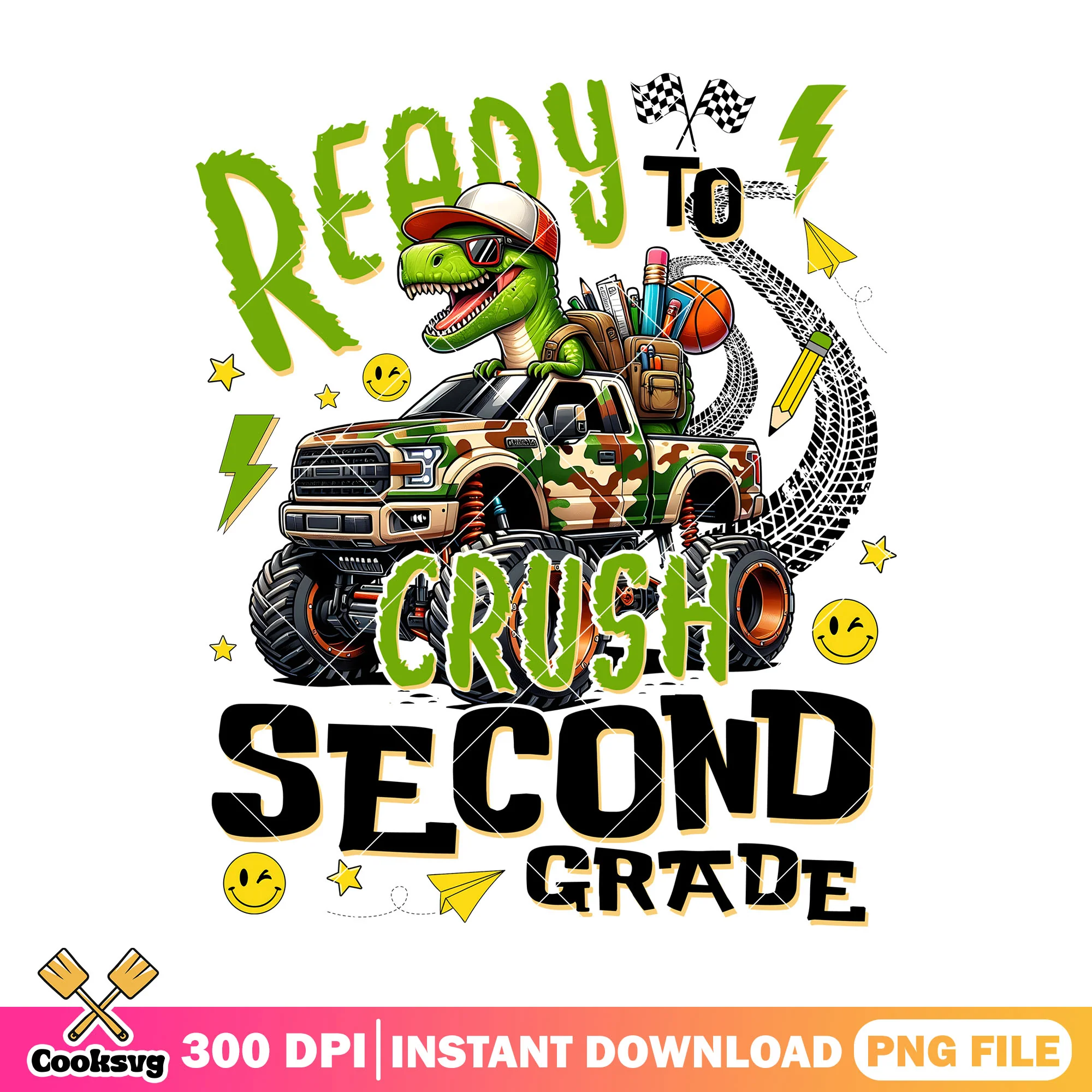 Driving car ready to crush png, dinosaur png, back to school decor png