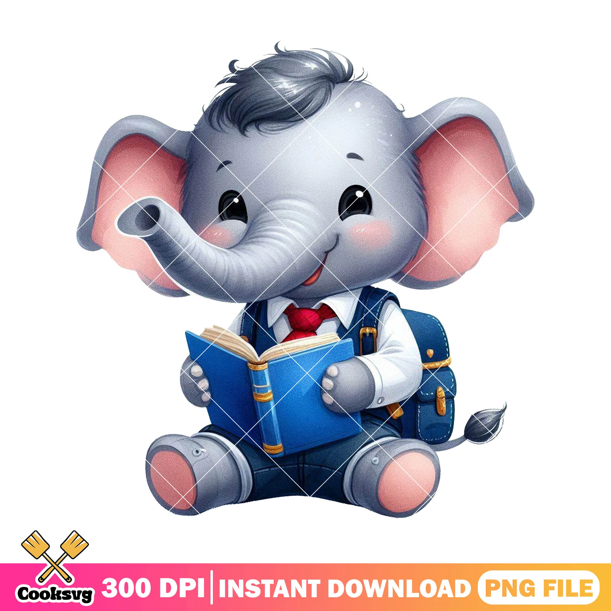 Elephant chibi reading png, go back to school png, elephant happy png