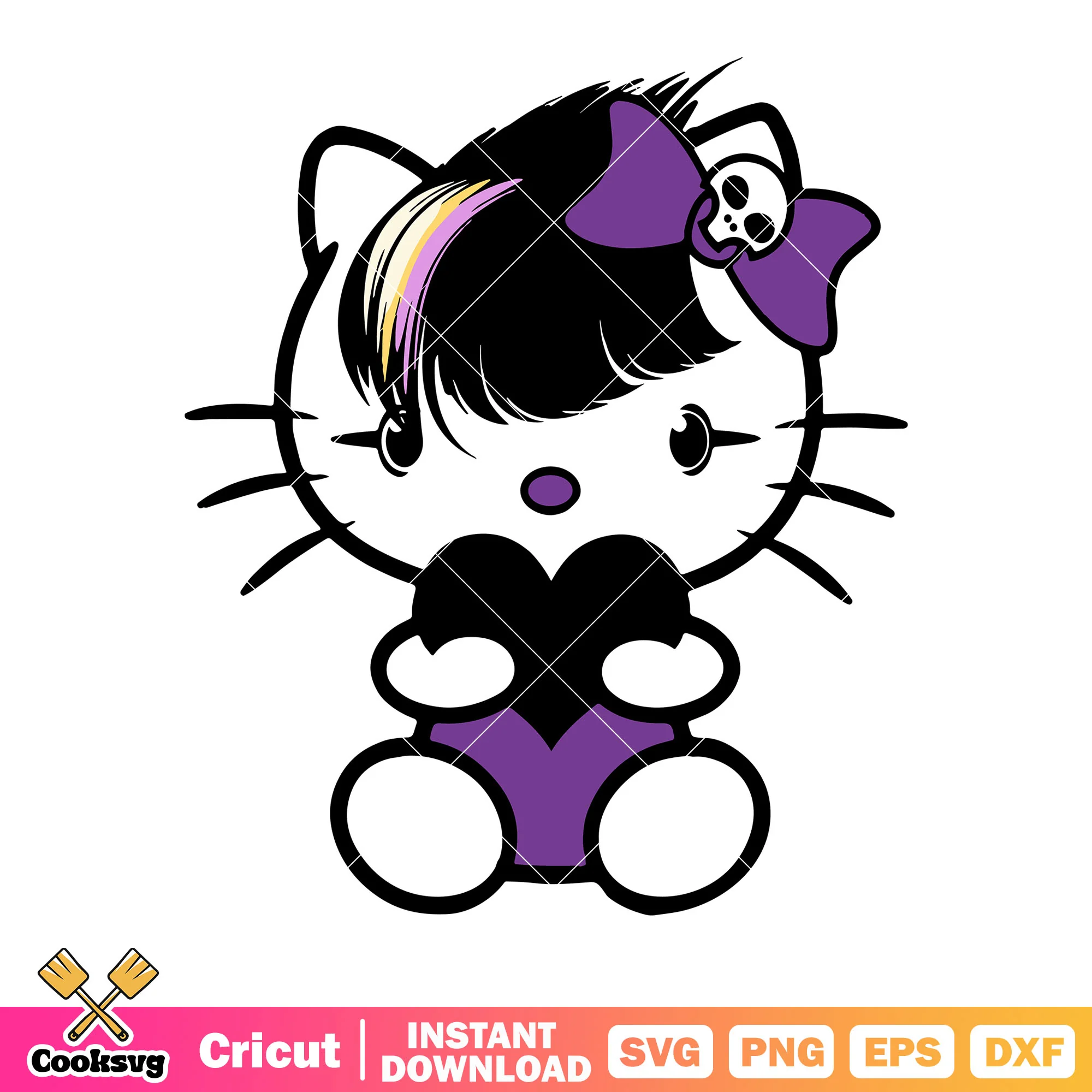 Emo hello kitty svg, black heart svg, purple bow tie svg