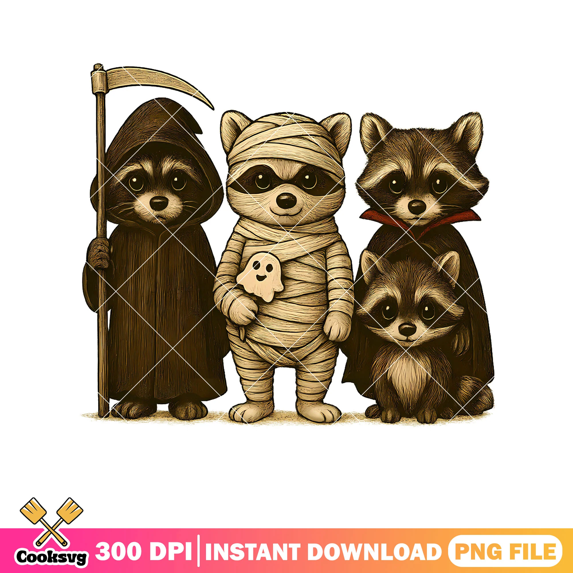 Family of four raccon png, reaper costume png, scary halloween night png