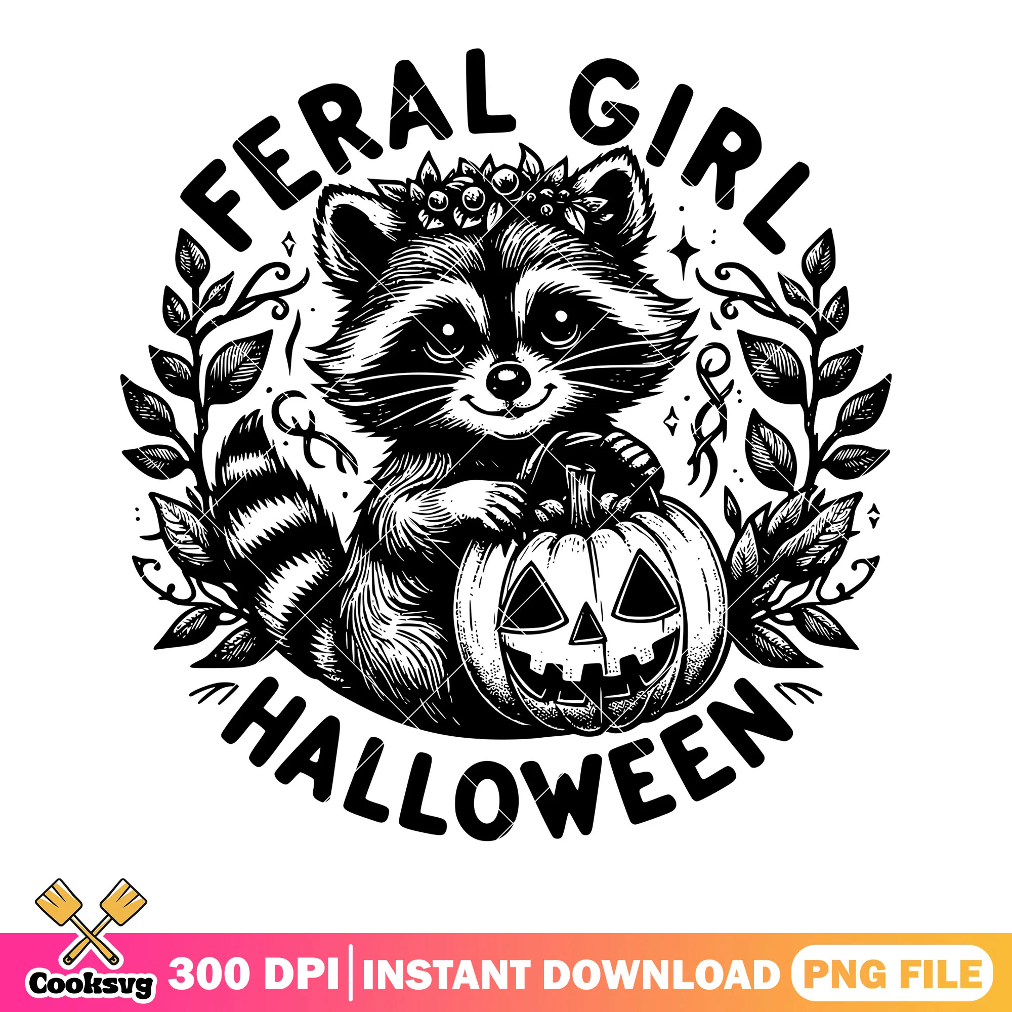 Feral girl halloween png, cute racoon png, halloween scary png