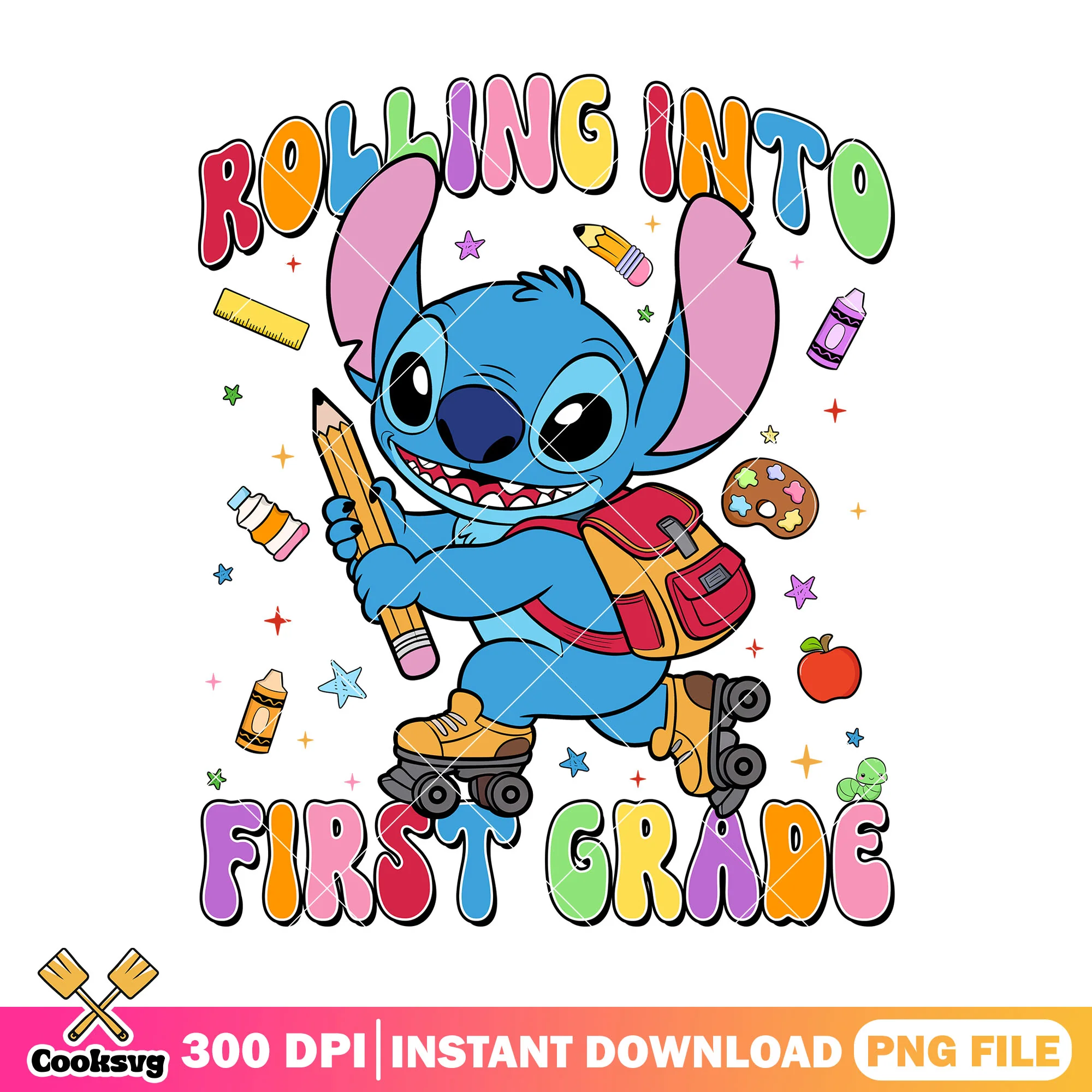First grade rollin into png, stitch art png, happy back to school png