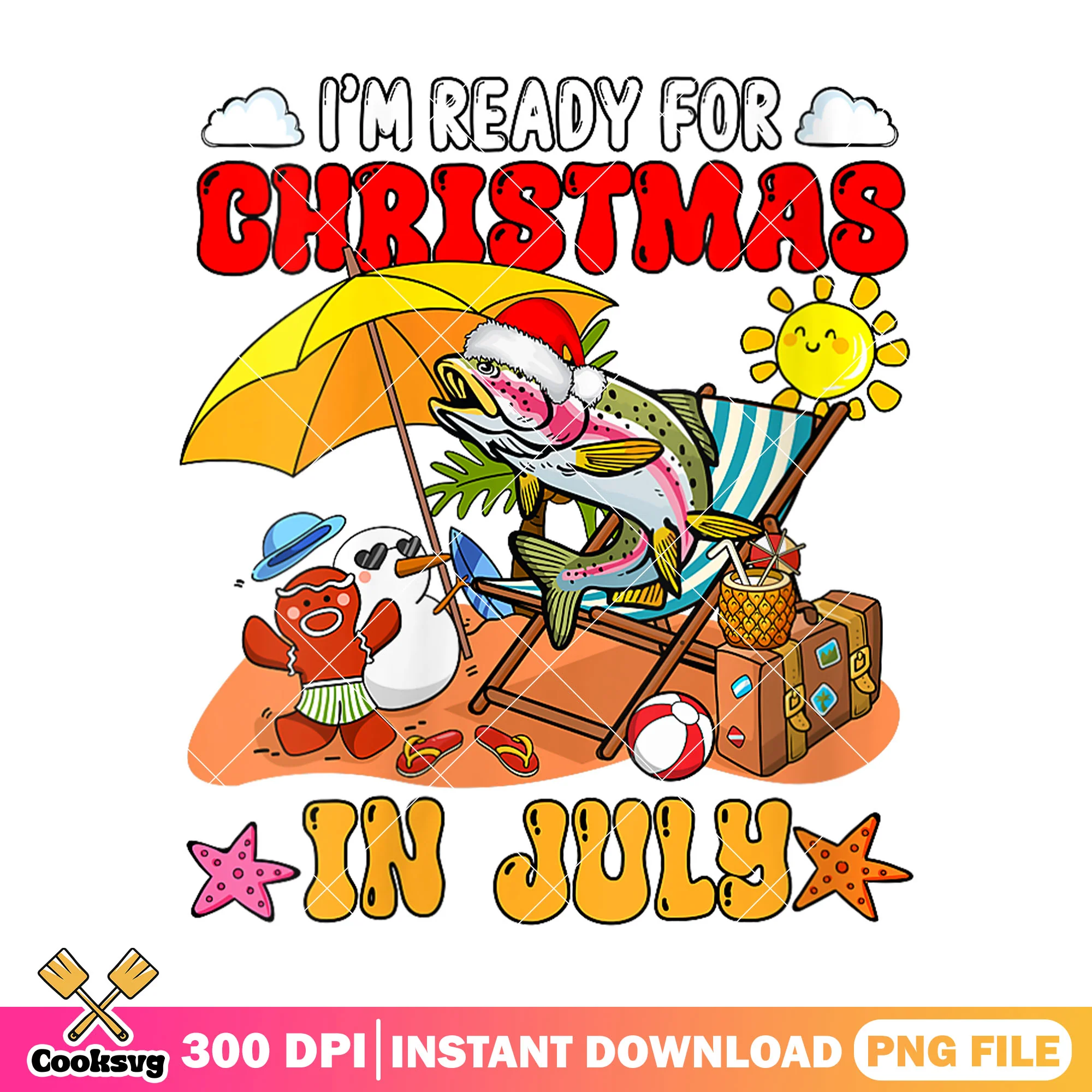 Fish ready for christmas in july png, christmas in july png, summer christmas png