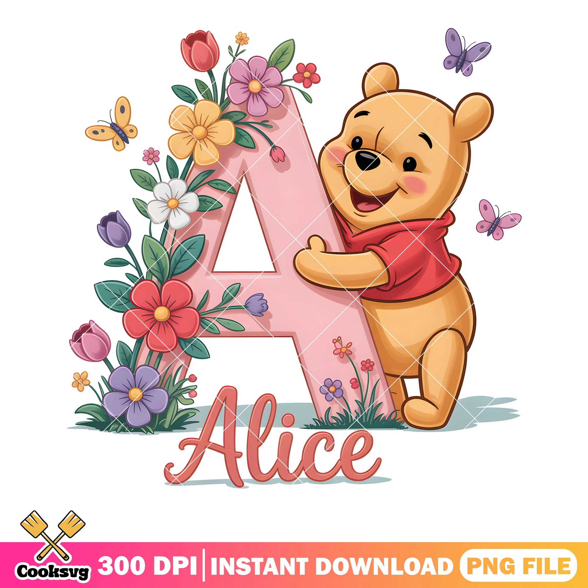 Flower alice pooh bear png, winnie the pooh png, disney gift png
