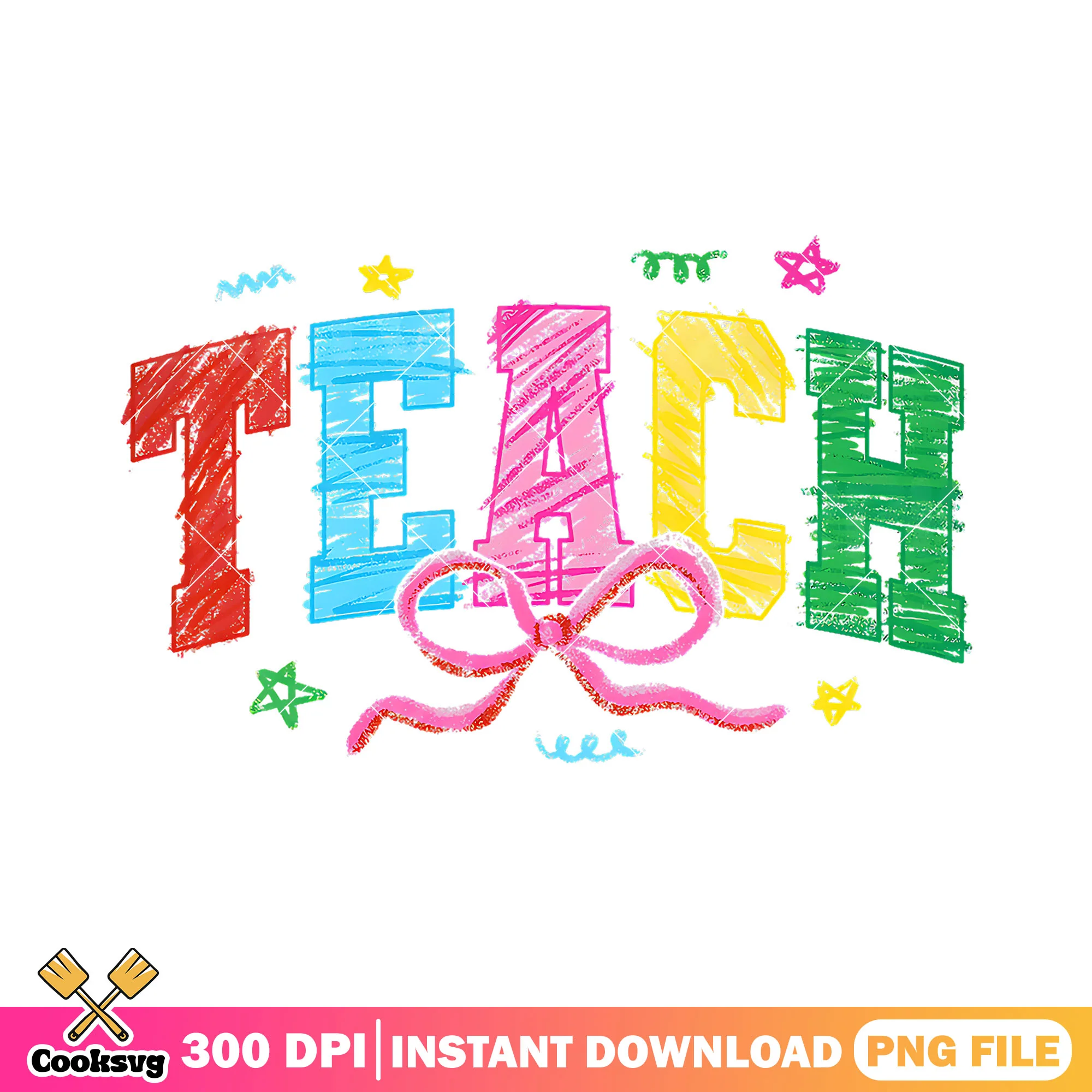 Font teach colorful design png, pink bow png, back to school day png