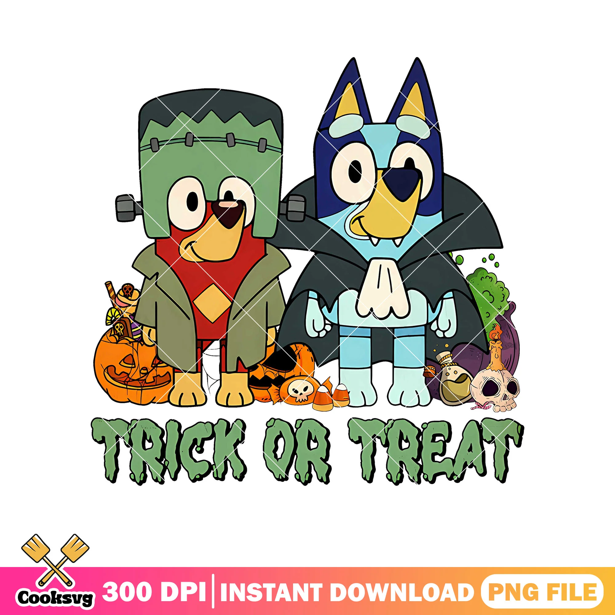 Frankenstein bluey trick or treat png, bluey bingo png, halloween candy png