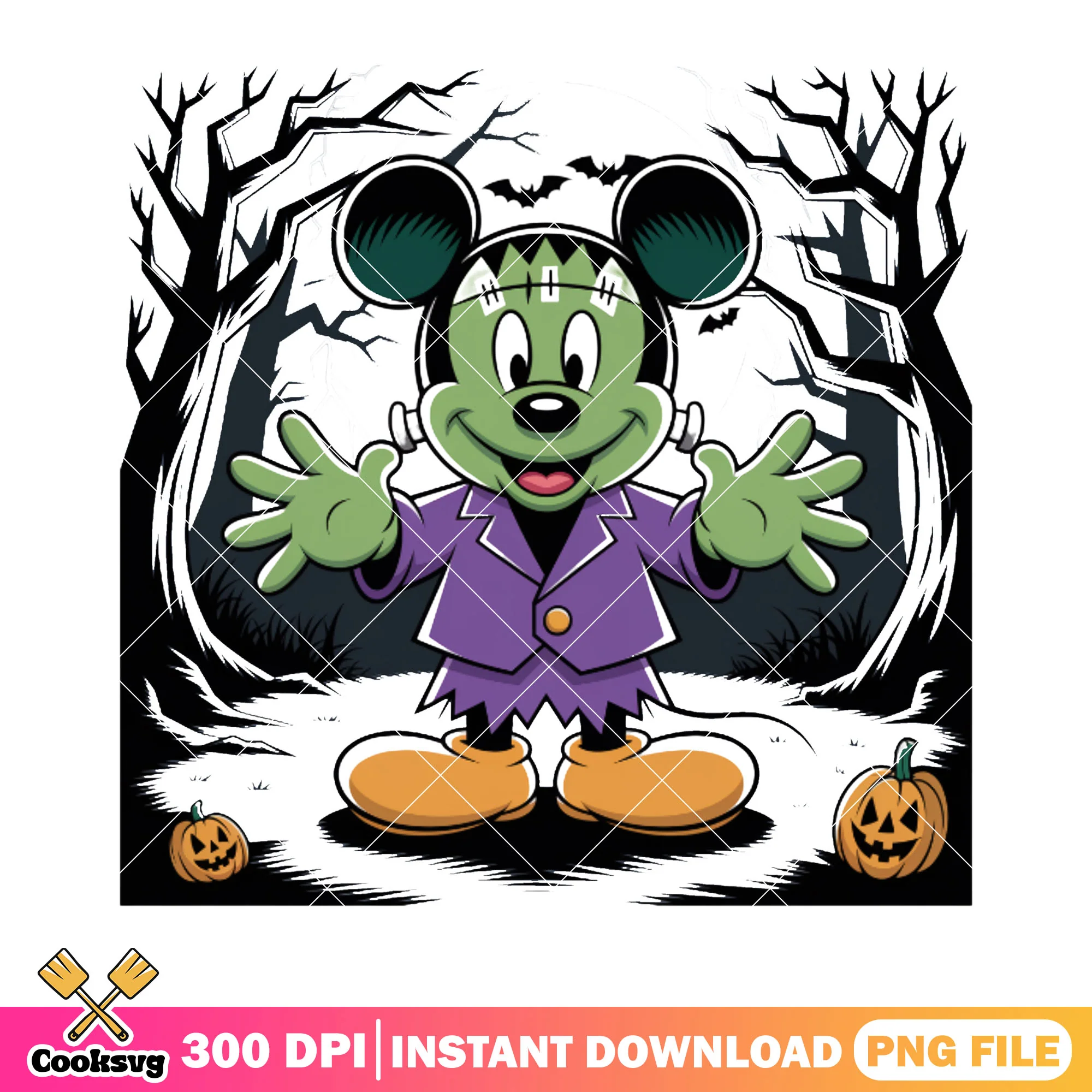 Frankenstein mickey mouse png, jack o lantern png, spooky forest png
