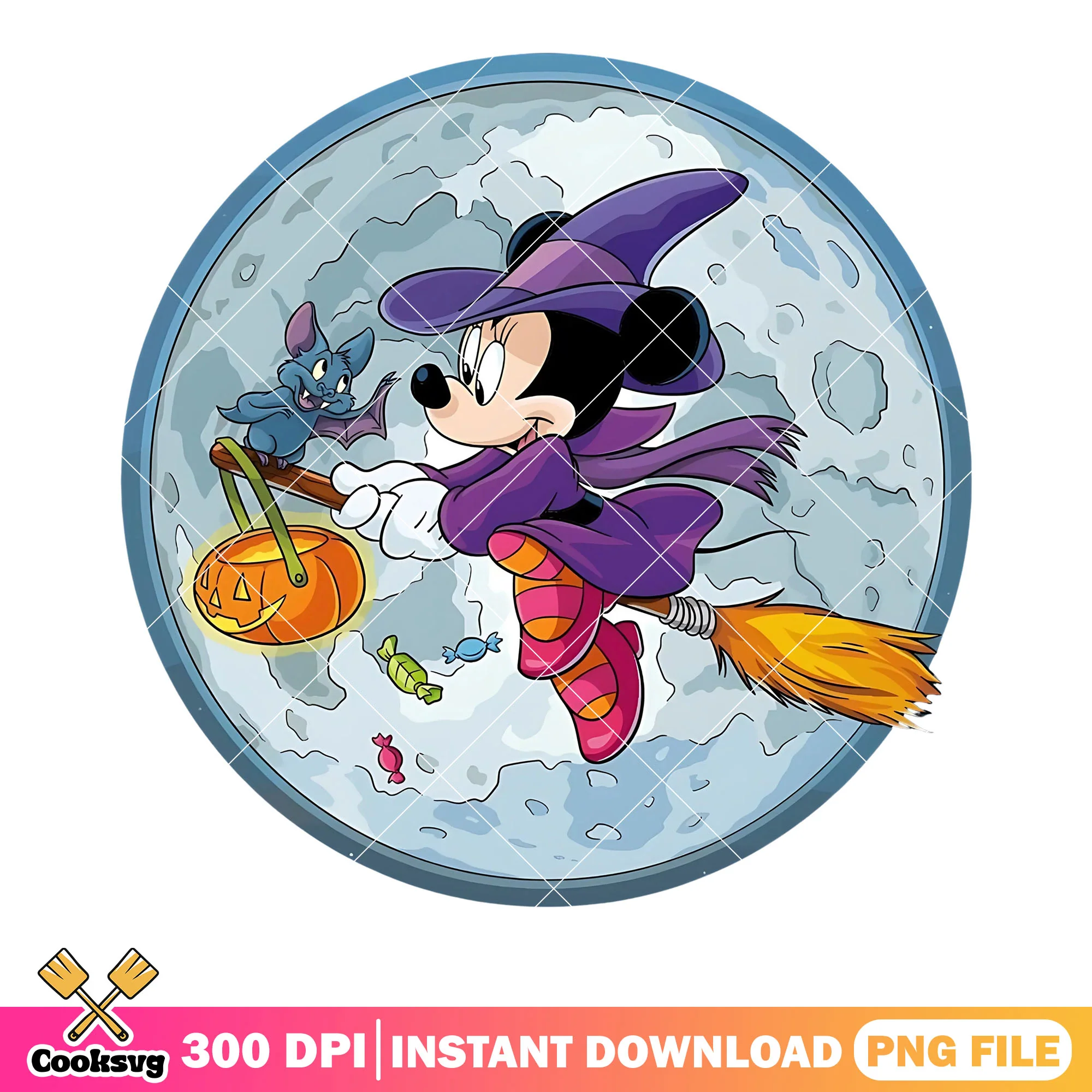 Full moon night witch bats png, minnie mouse png, disney halloween png