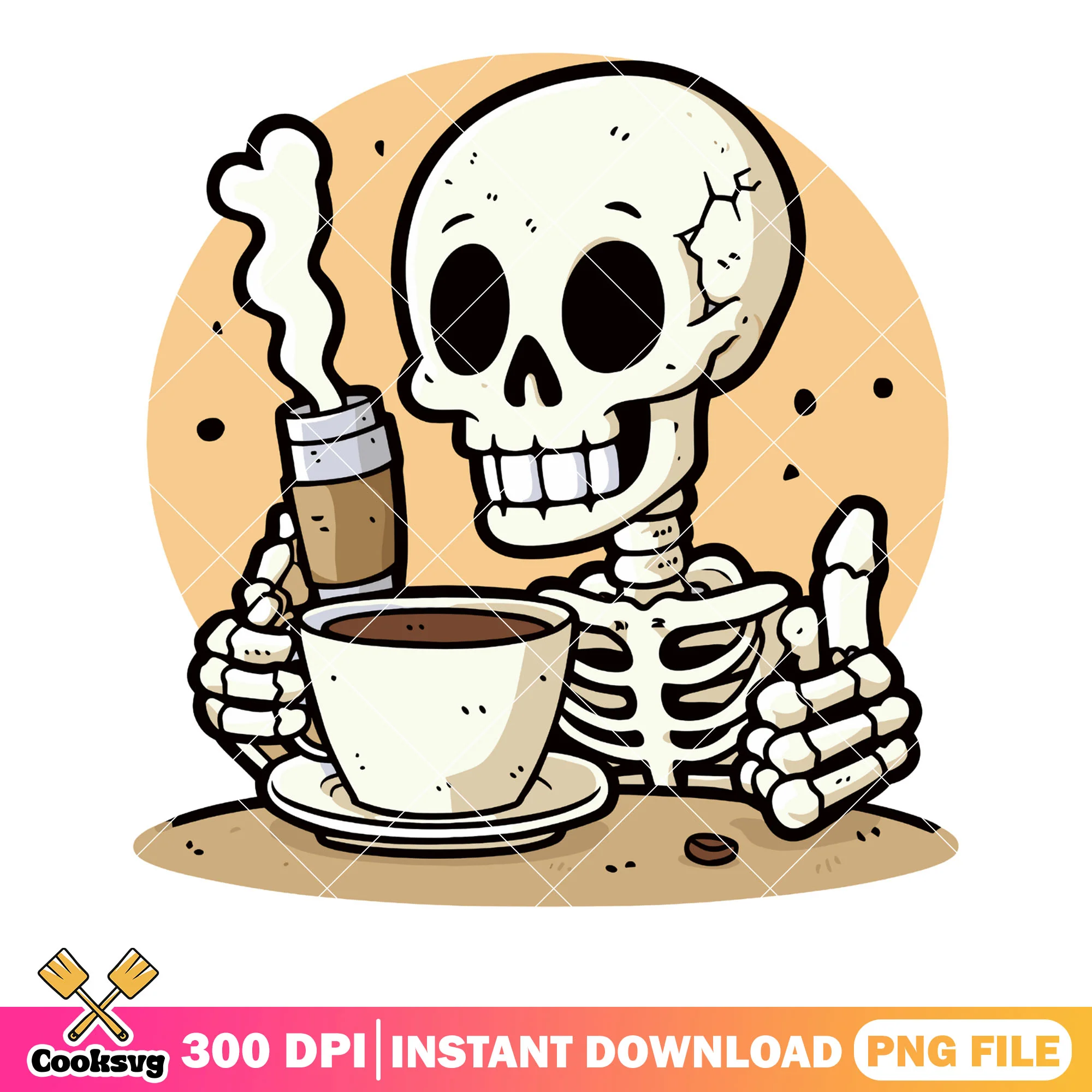 Funny skeleton smile png, morning coffee png, halloween scary png