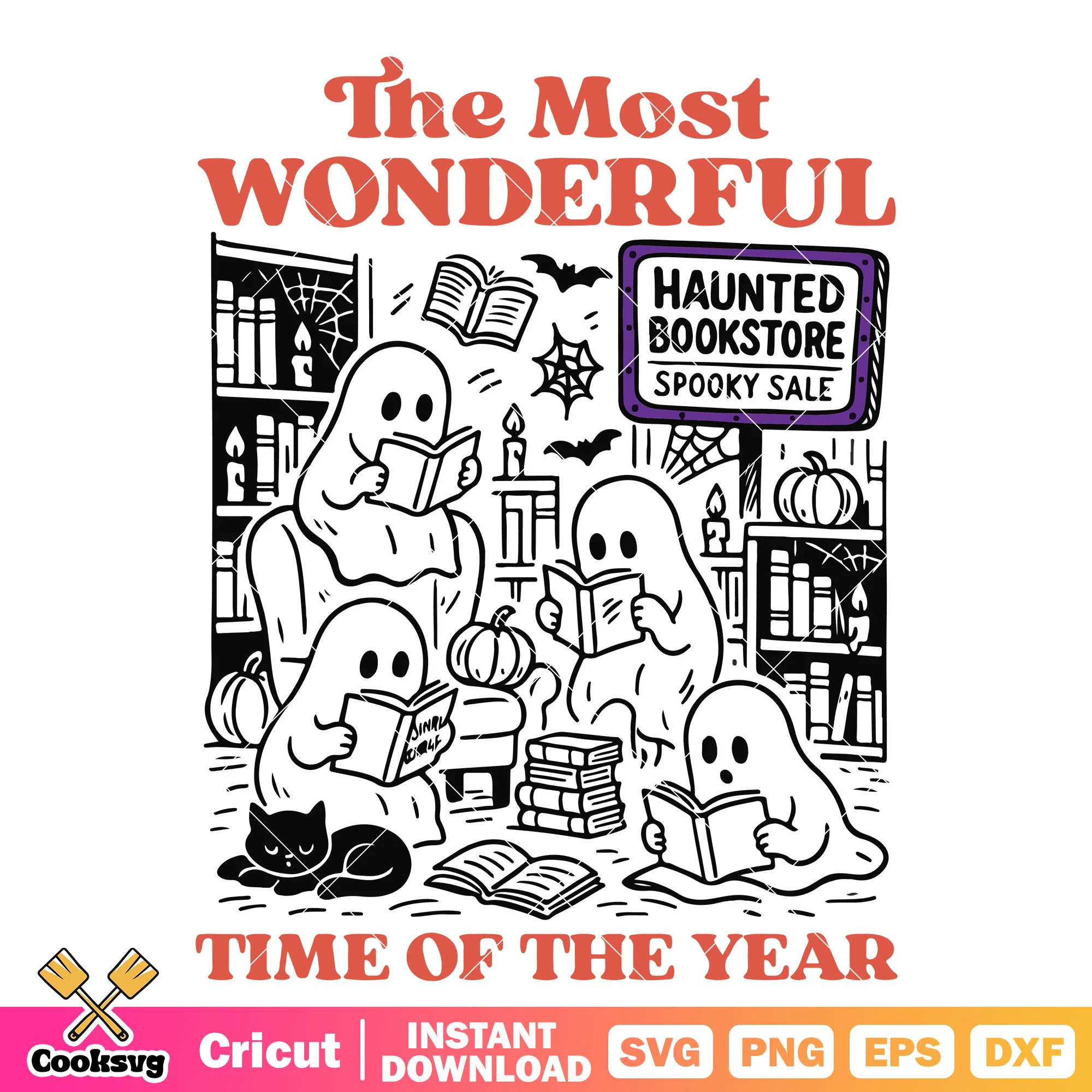 Ghost in haunted bookstore svg, halloween time svg, cute ghost svg