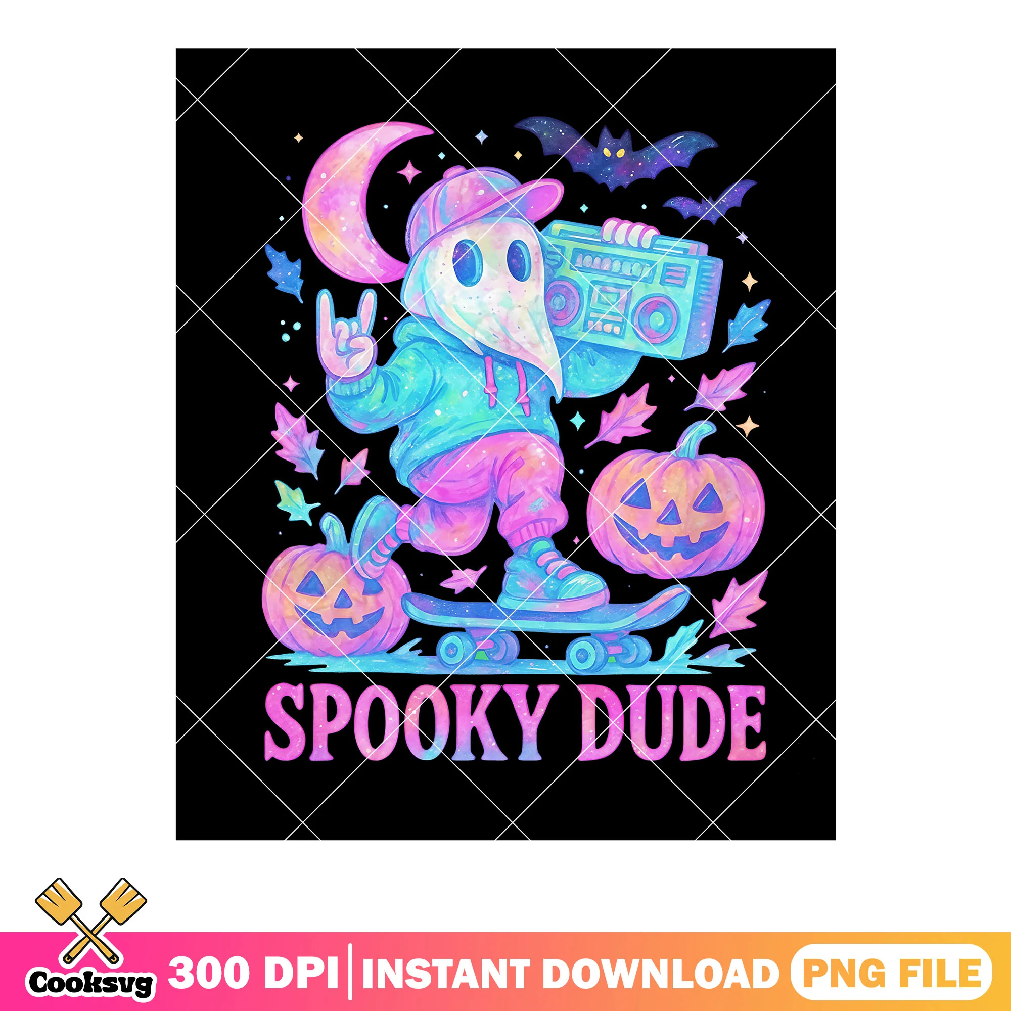 Ghost teenager spooky png, skateboard png, halloween pumpkin png