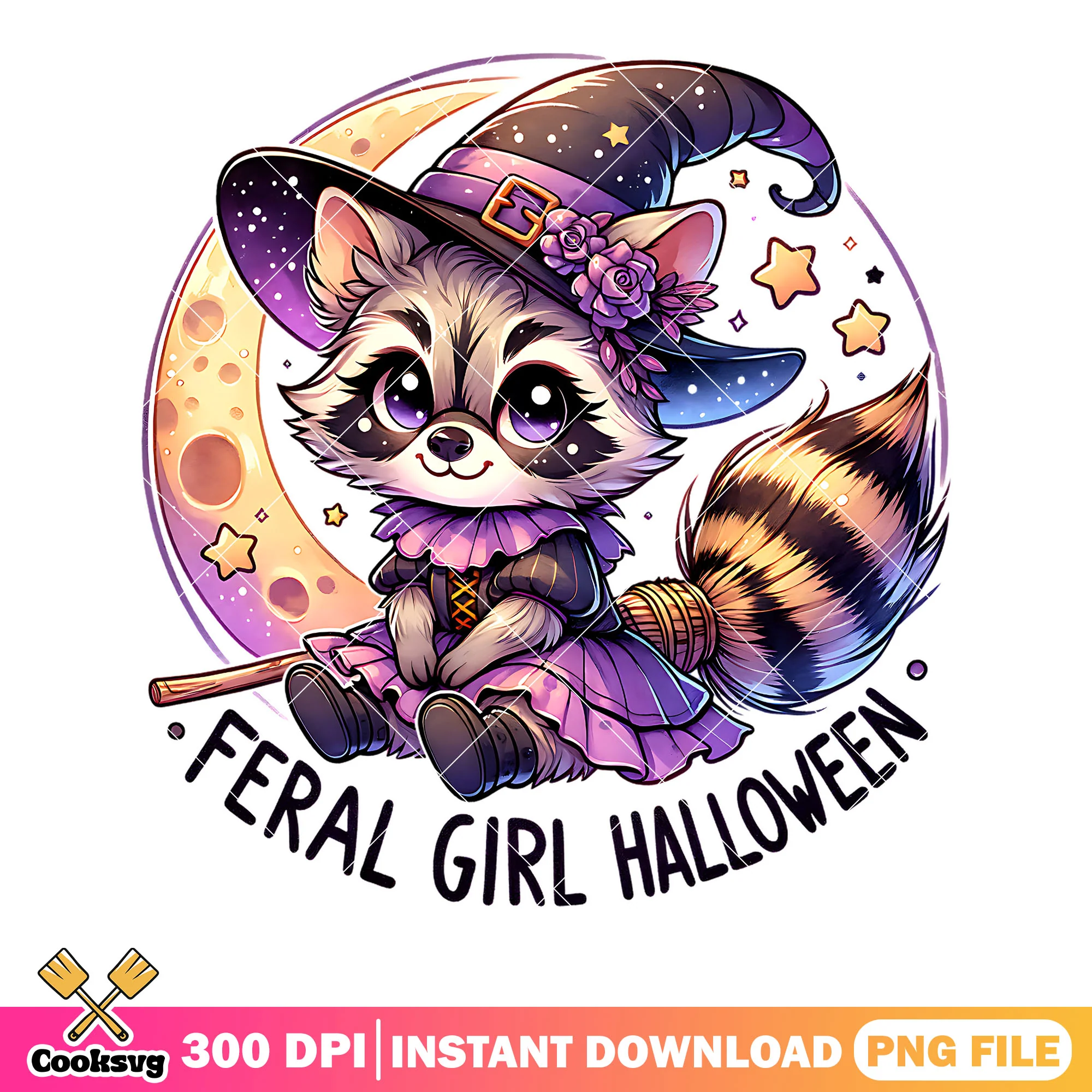 Girl baby raccoon cresent moon png, witch hat png, halloween scary png