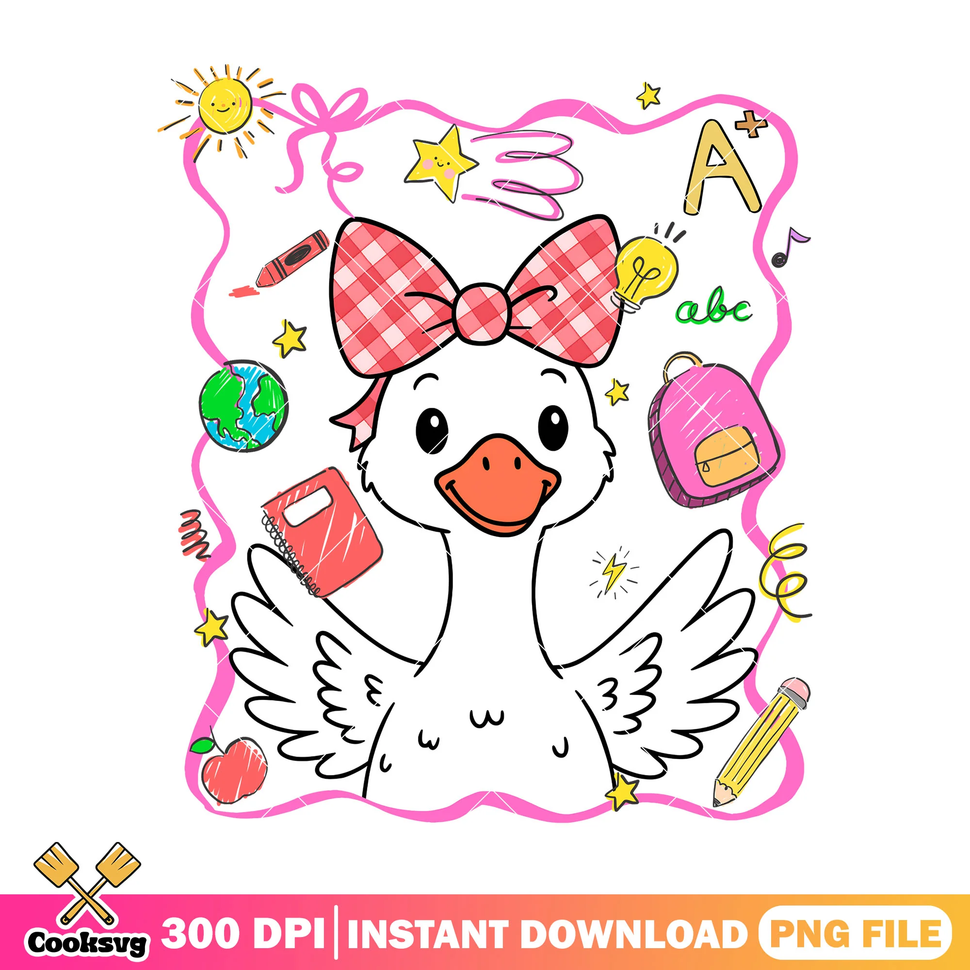 Girl duck going school png, back to school art png, duck girl png