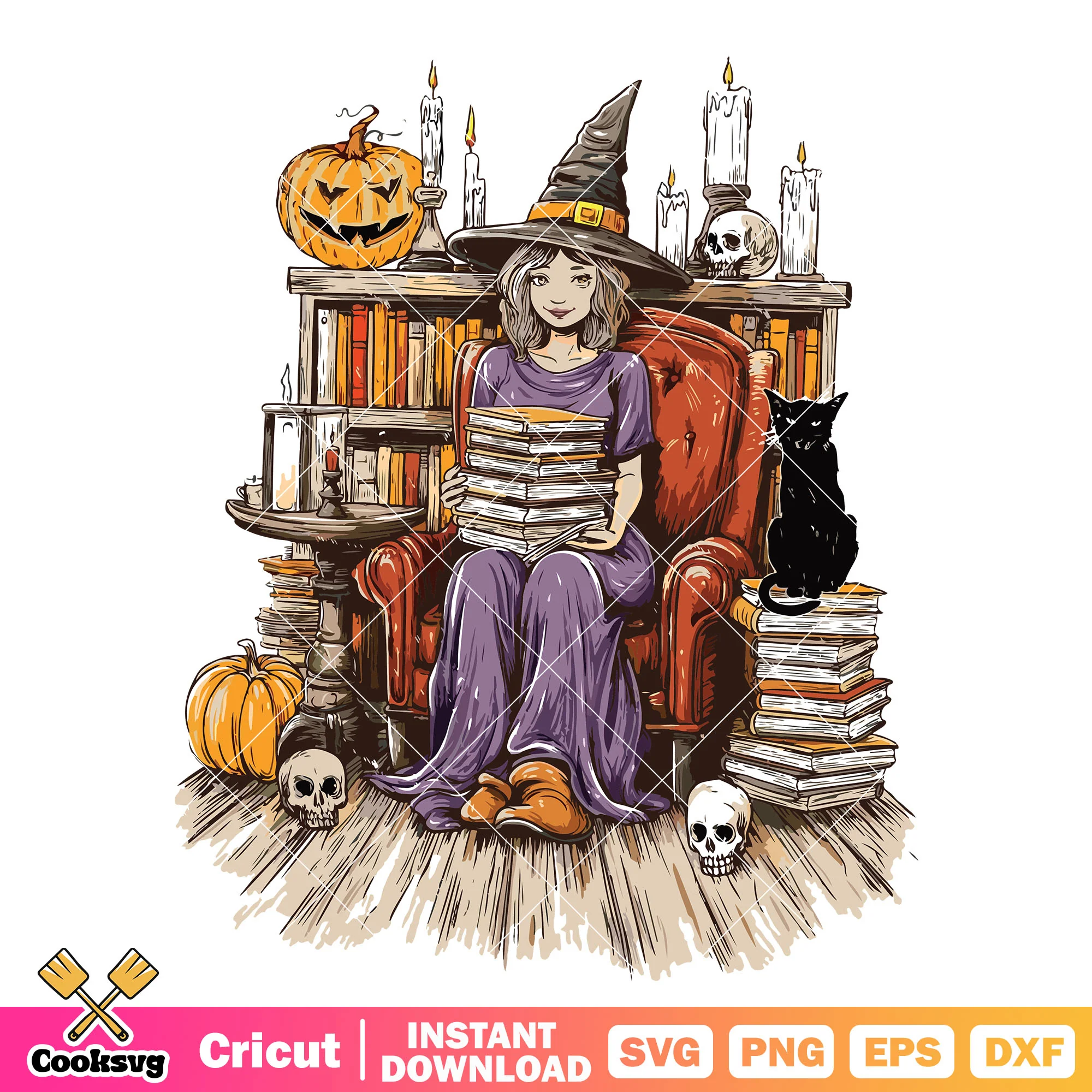 Girl in the bookstore svg, book halloween svg, pumpkin book svg