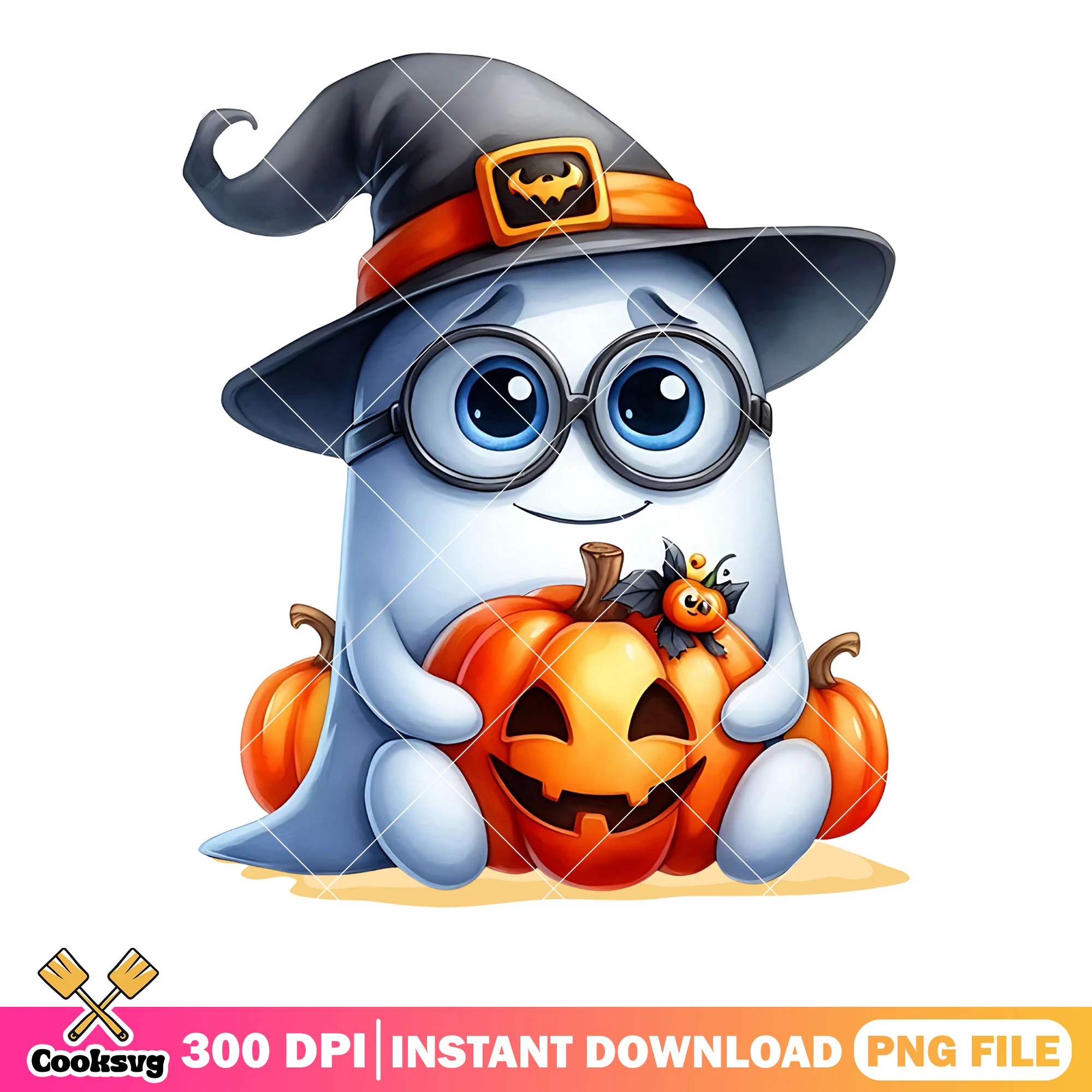 Glasses ghost wicker pumpkin png, witch hat  png, cute halloween png