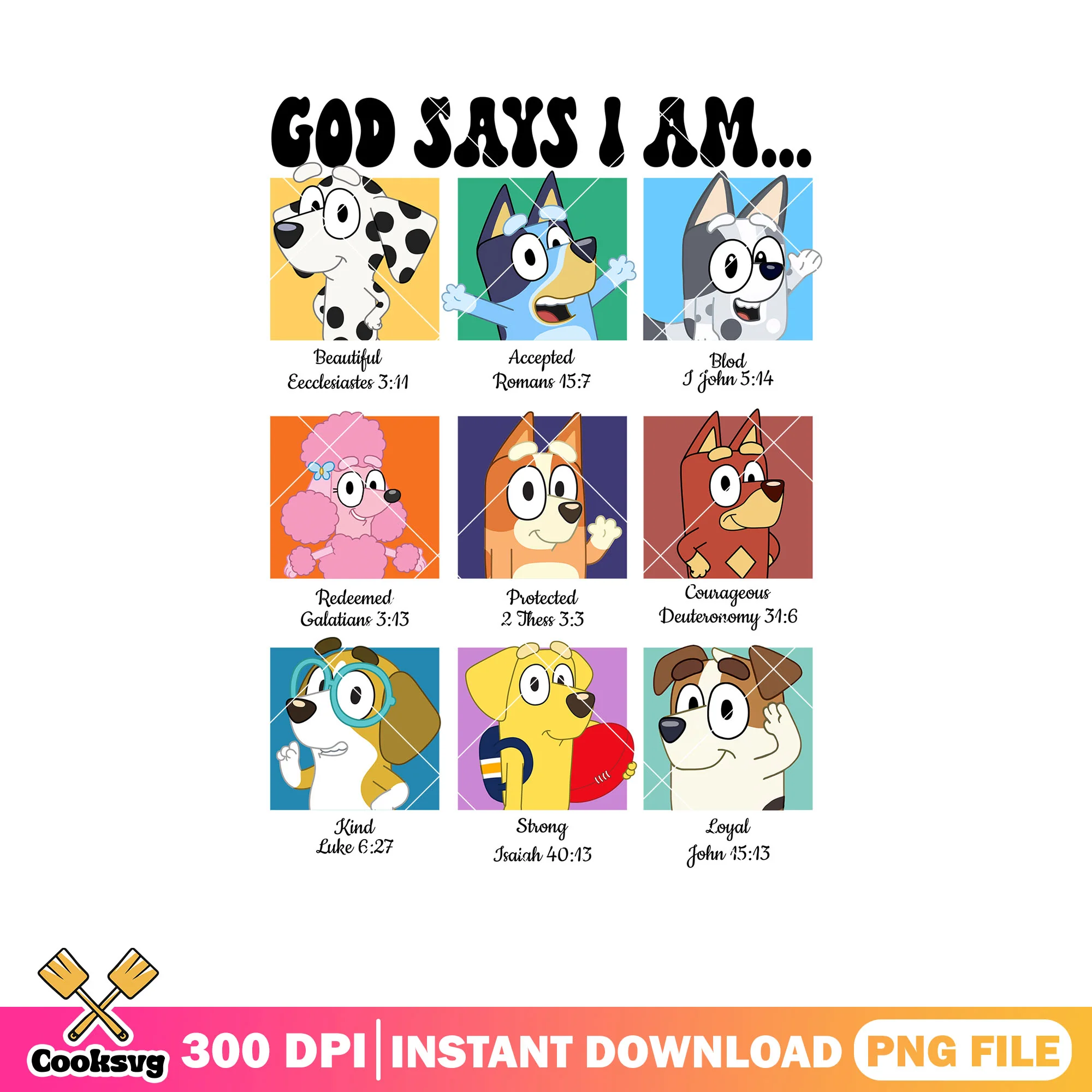 God says i am friends bluey dog png, bluey figures png, cartoon bluey png